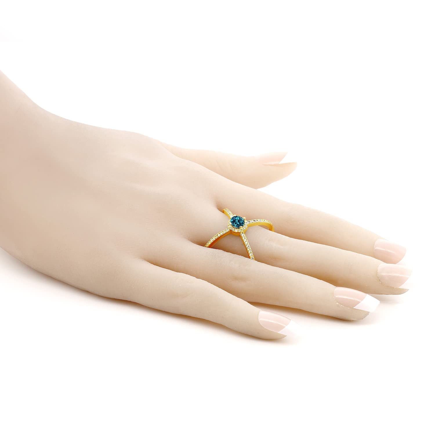 1.52 Ct London Blue Topaz Criss Cross X Ring - 18K Yellow Gold Plated Sterling Silver - Elegant Gemstone Jewelry for Women, Perfect for Weddings, Parties & Special Occasions