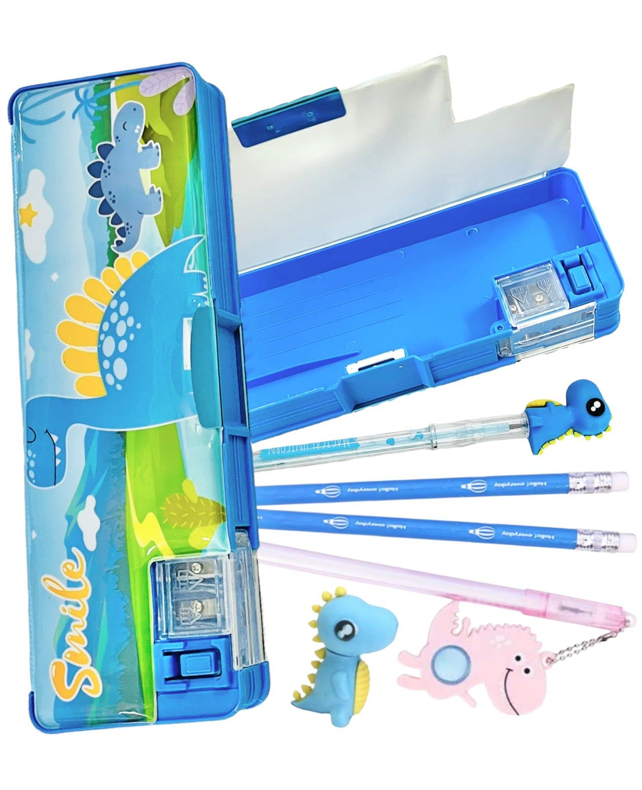 LE DELITE Dinosaur Pencil Box - Double Side Opening Magnetic Stationery Case with Cartoon Dinosaur Theme, Jurassic Park Jungle Design - School Supply Organizer for Kids, Boys & Girls (Includes Pencils, Pen & Eraser) - Perfect for Classroom, Homework & Back to School Supplies