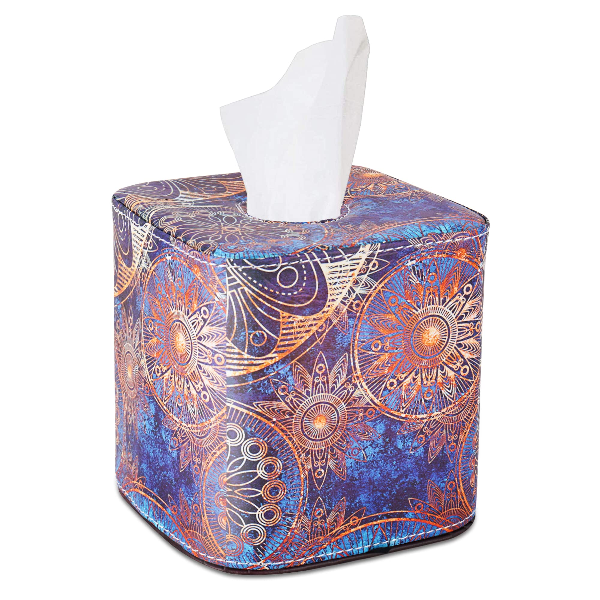PU Leather Magnetic Closure Tissue Box Cover - Decorative Blue Flower Design for Bathroom Vanity, Bedroom Dresser, Nightstand & Desk | Home & Office Organization Accessory