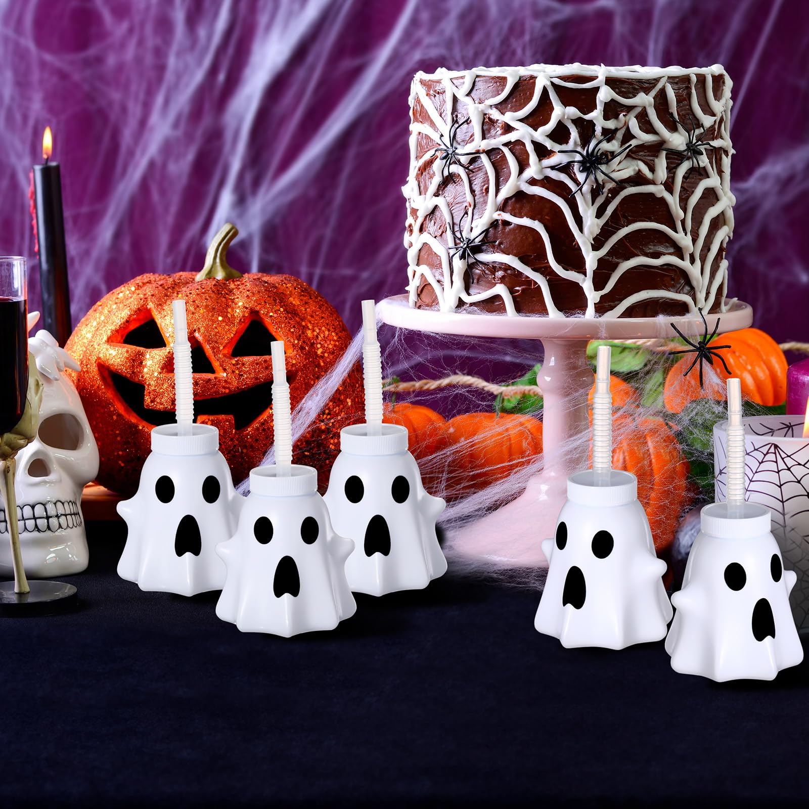 Umigy 24-Pack Halloween Ghost Shaped Cups with Lids & Straws - 10 oz Reusable Plastic Party Cups for Kids, Halloween Party Supplies - Perfect for Trick-or-Treat Drinks, Classroom Celebrations & Spooky Decorations