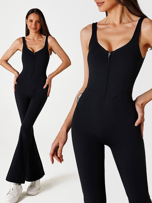 ZASUWA Women's High Waist Flare Jumpsuit with Zipper - Stylish Casual Romper for Summer Outfits, Beachwear & Party Dresses