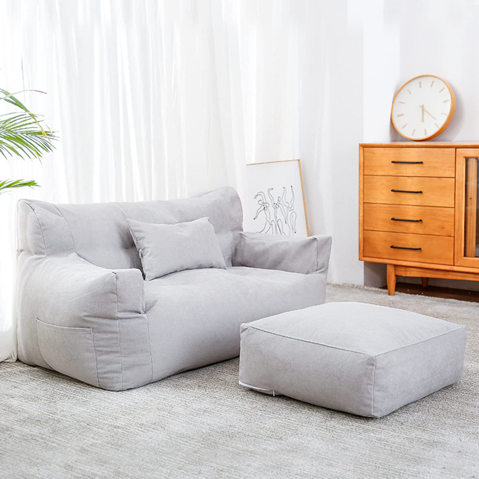 HWOEK Lazy Sofa Cover Bean Bag Chair with Footstool - High Back Lounger for Adults & Kids (No Filler) - Soft Washable Beanbag Chair Cover - Perfect for Living Room, Bedroom & Game Room - Gray