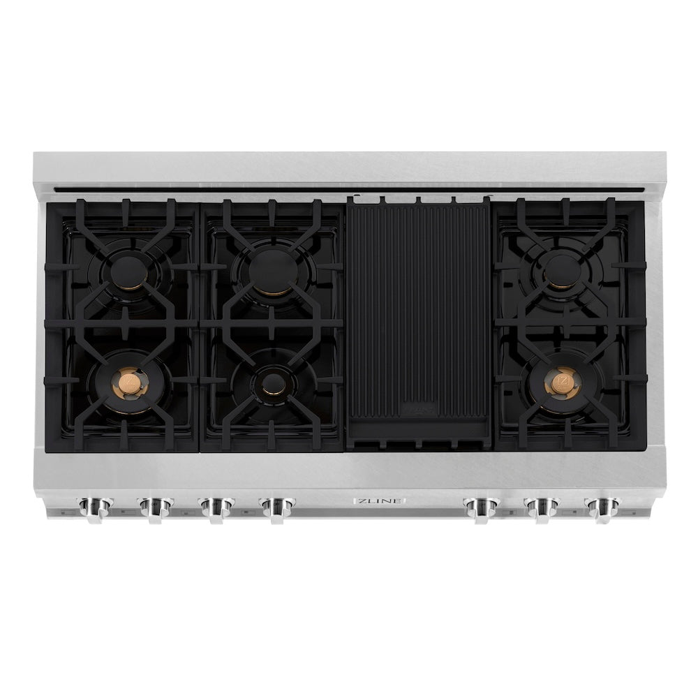 ZLINE 48 Inch 6-Burner Gas Rangetop with Brass Burners & Porcelain Cooktop - Satin Stainless Steel (RTS BR 48) for Professional Home Kitchen & Gourmet Cooking