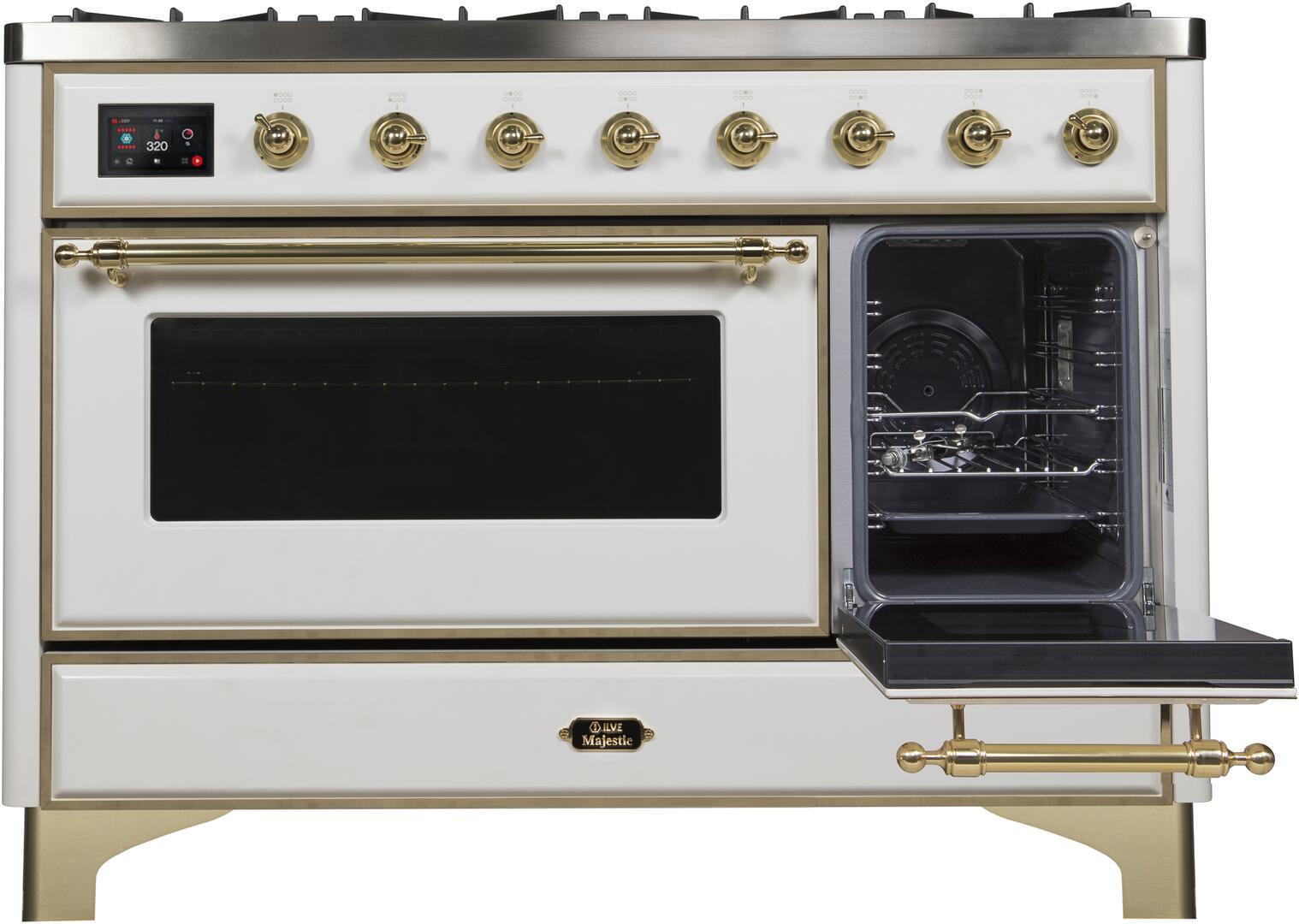 ILVE Majestic II 48-Inch Dual Fuel Natural Gas Freestanding Range - White with Brass Trim (Model UM12FDNS3WHG) | Professional Kitchen Appliance for Home Chefs & Restaurants