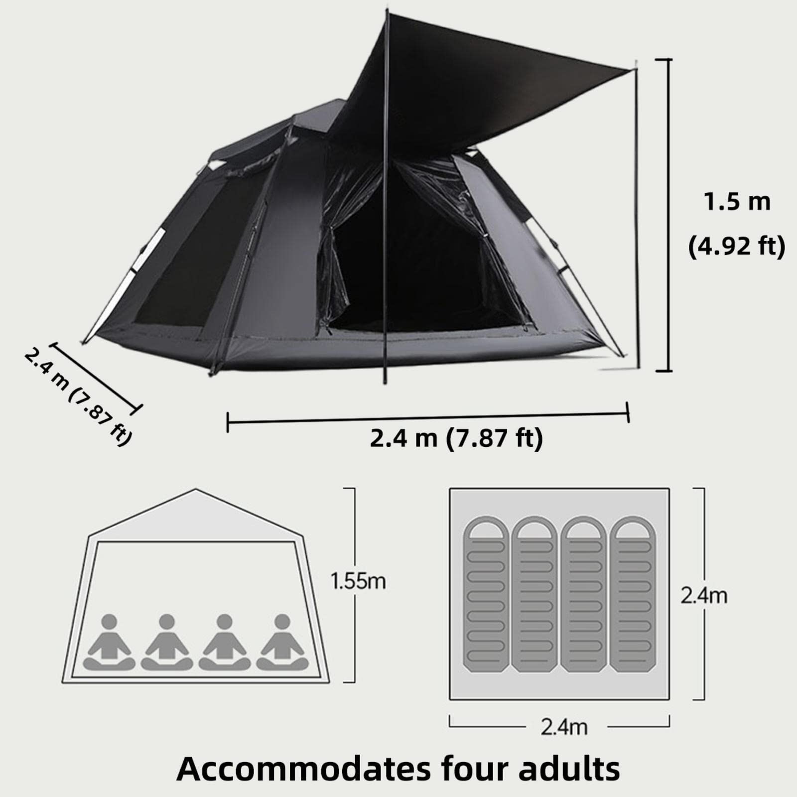 5000mm Waterproof Pop Up Tents for Adults - UV Sun Protection & Stable Design for 4 Person Camping, Hiking & Outdoor Adventures