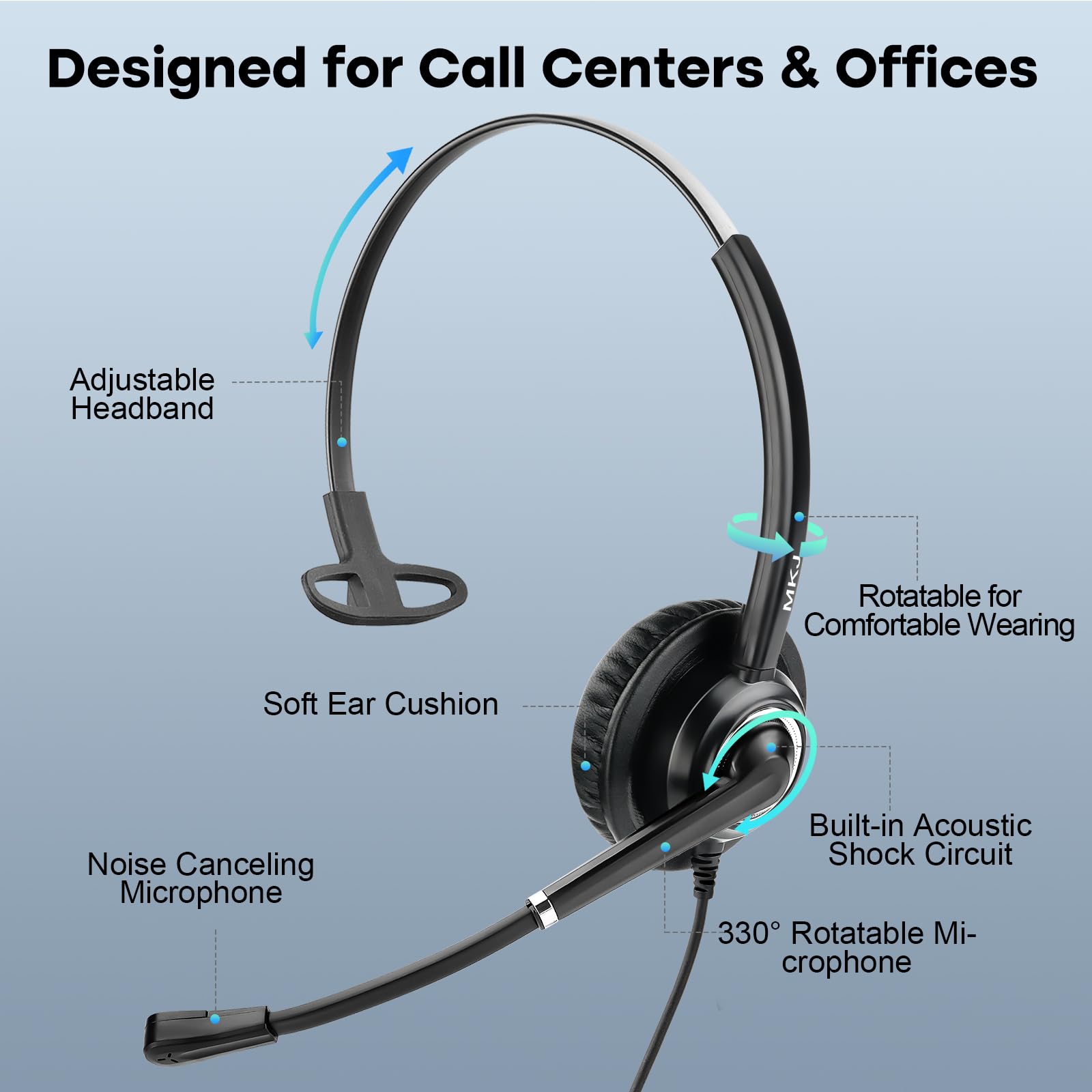 MKJ RJ9 Telephone Headset with Noise Canceling Microphone - Compatible with Panasonic KX-HDV130, Yealink T19P/T21P/T28P/T32G/T42G/T46G, Snom & GXP2170 Office Phones - Ideal for Call Centers & Business Communications
