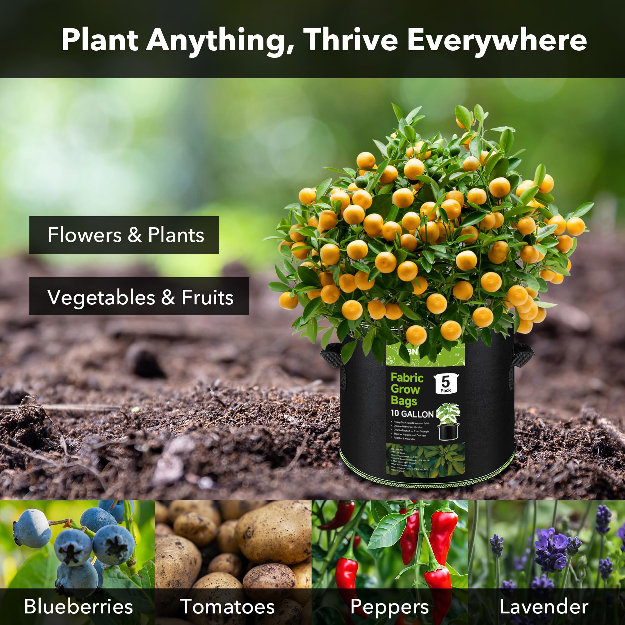 BN-LINK 5-Pack 10 Gallon Heavy Duty Aeration Fabric Grow Bags with Handles - Thickened Nonwoven Plant Pots for Vegetables, Flowers, Fruits - Ideal for Indoor/Outdoor Gardening, Raised Beds & Container Planting