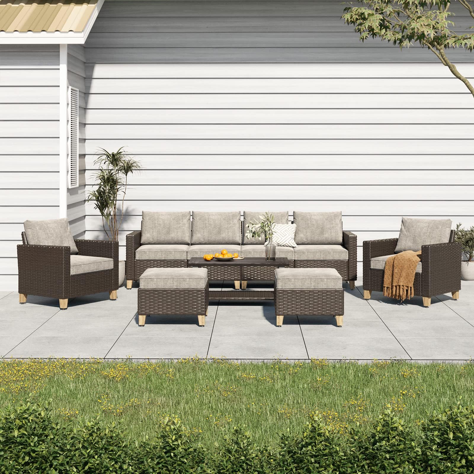 9-Piece Grand Patio Sofa Set with Coffee Table - Outdoor Wicker Sectional Furniture with Thick Cushions for Garden, Yard, Porch - Perfect for Entertaining Guests & Relaxing Outdoors