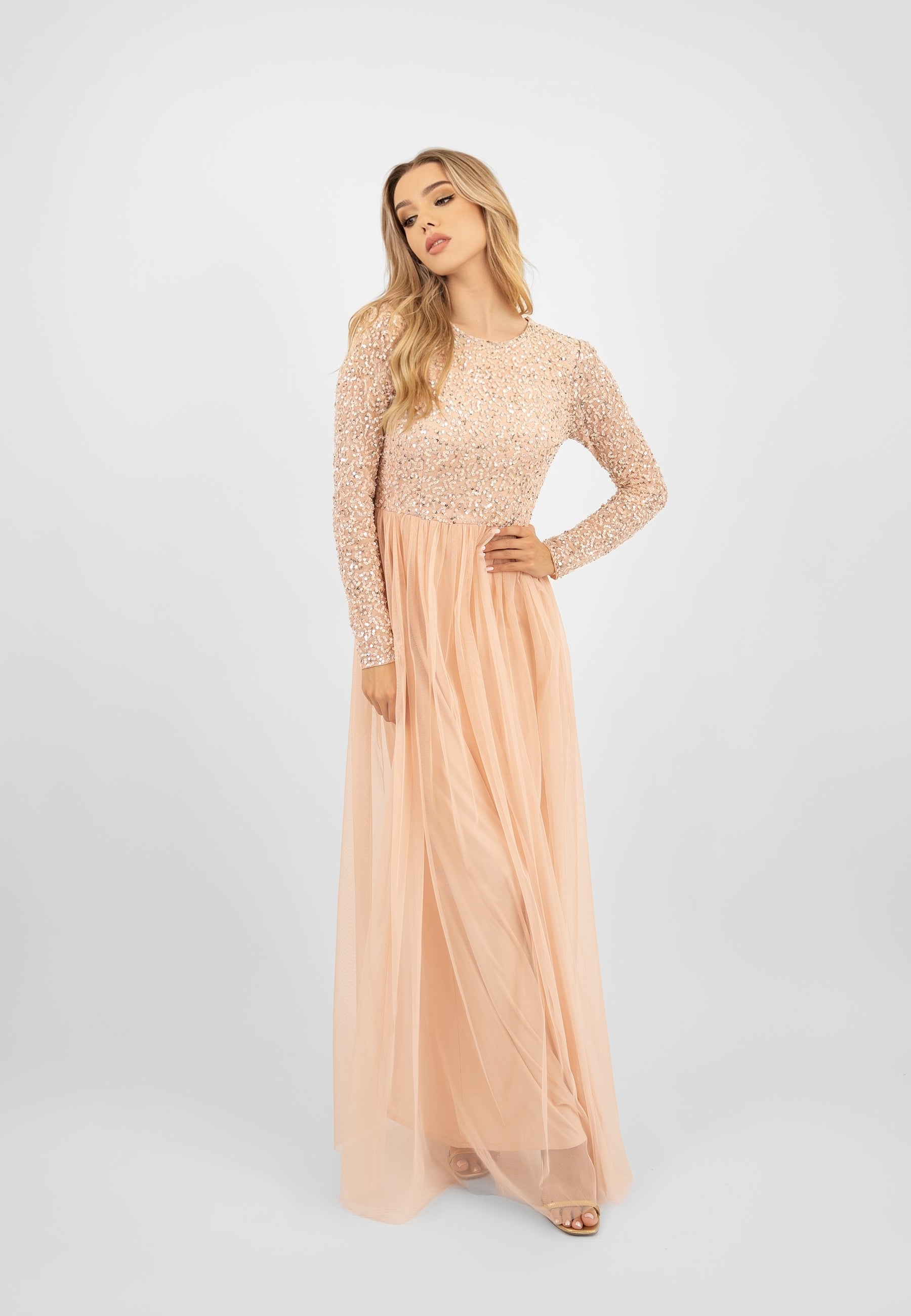 Elegant Belle Blush Pink Long Sleeve Bridesmaid Dress - Formal Wedding Party Gown for Bridesmaids, Evening Events & Special Occasions