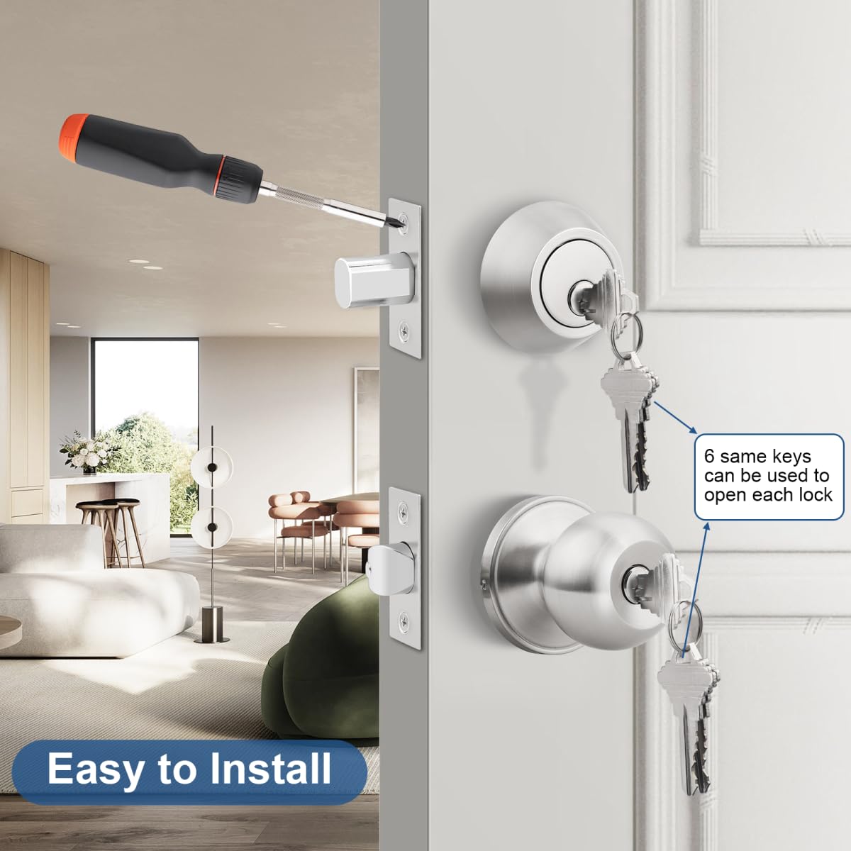 Keyed Alike Stainless Steel Door Knob Set - 4 Pack for Secure Outdoor Entry