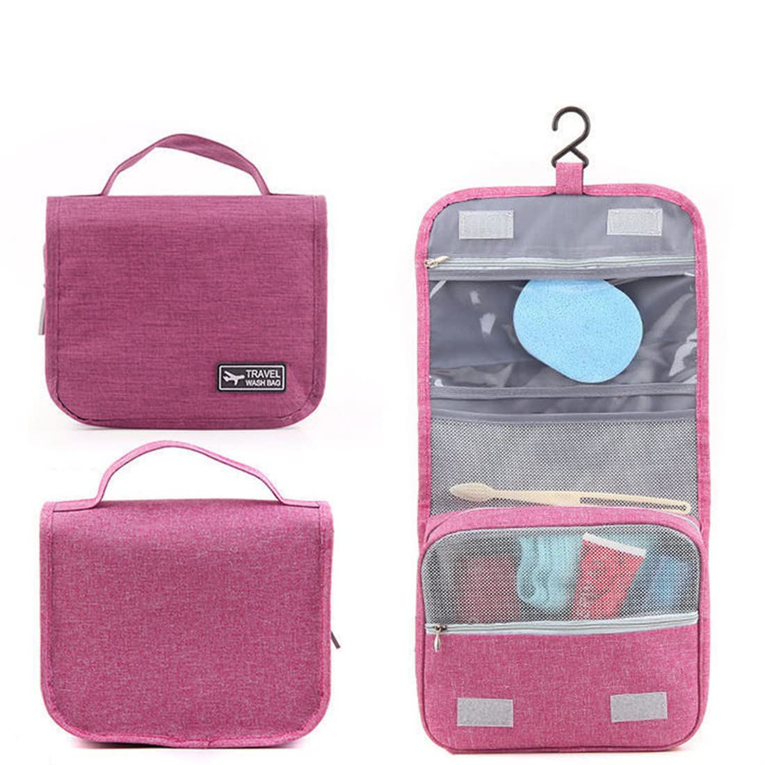 Waterproof Travel Makeup Bag with Hook & Handle - Cosmetic Organizer for Toiletries, Cosmetics, Brushes, Jewelry & Digital Accessories - Purple Toiletry Storage Bag for Vacation, Gym & Daily Use