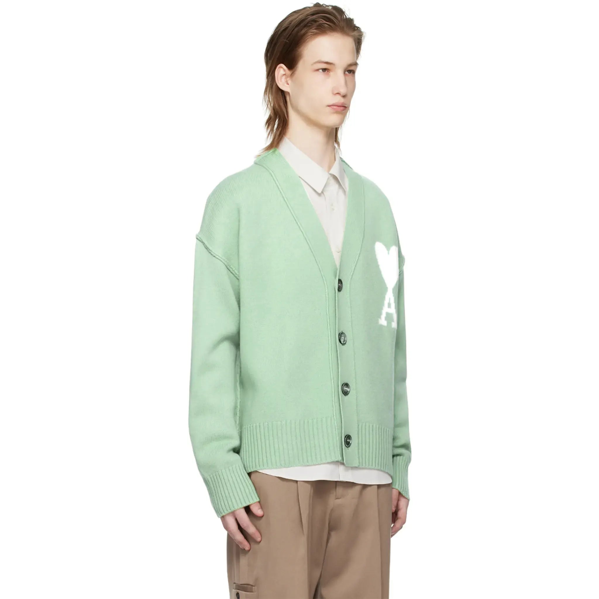 Ami Paris Ami De Coeur Green Cardigan for Women - Soft Knit Sweater | Casual & Office Wear | Perfect for Fall & Winter Outfits