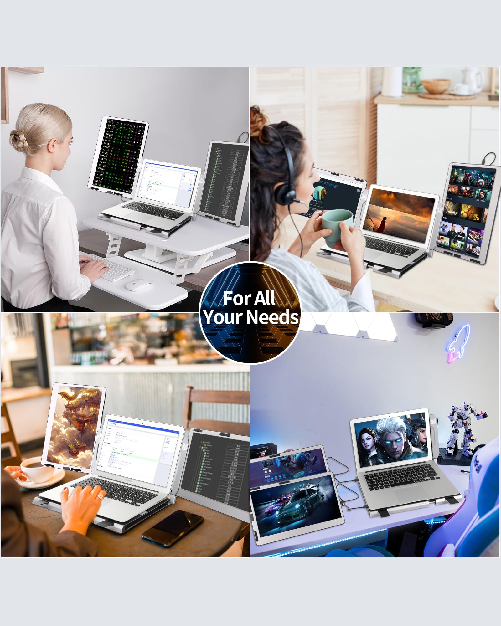 14 Inch Alecewey F2 Triple Portable Laptop Monitor Extender - Adjustable Stand, Full Angle View, Plug & Play USB-C/HDMI - Compatible with Windows & Mac - Perfect for Work, Gaming & Multitasking