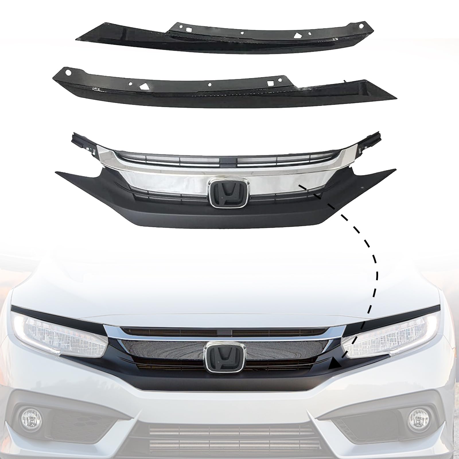 2016-2018 Honda Civic Sedan/Coupe Front Bumper Upper Grille with Black Headlight Eyelids - Glossy Black Bumper Grill & Eyebrow (3-Piece Set) for Enhanced Style & Protection - Perfect for Car Customization & Street Racing Looks
