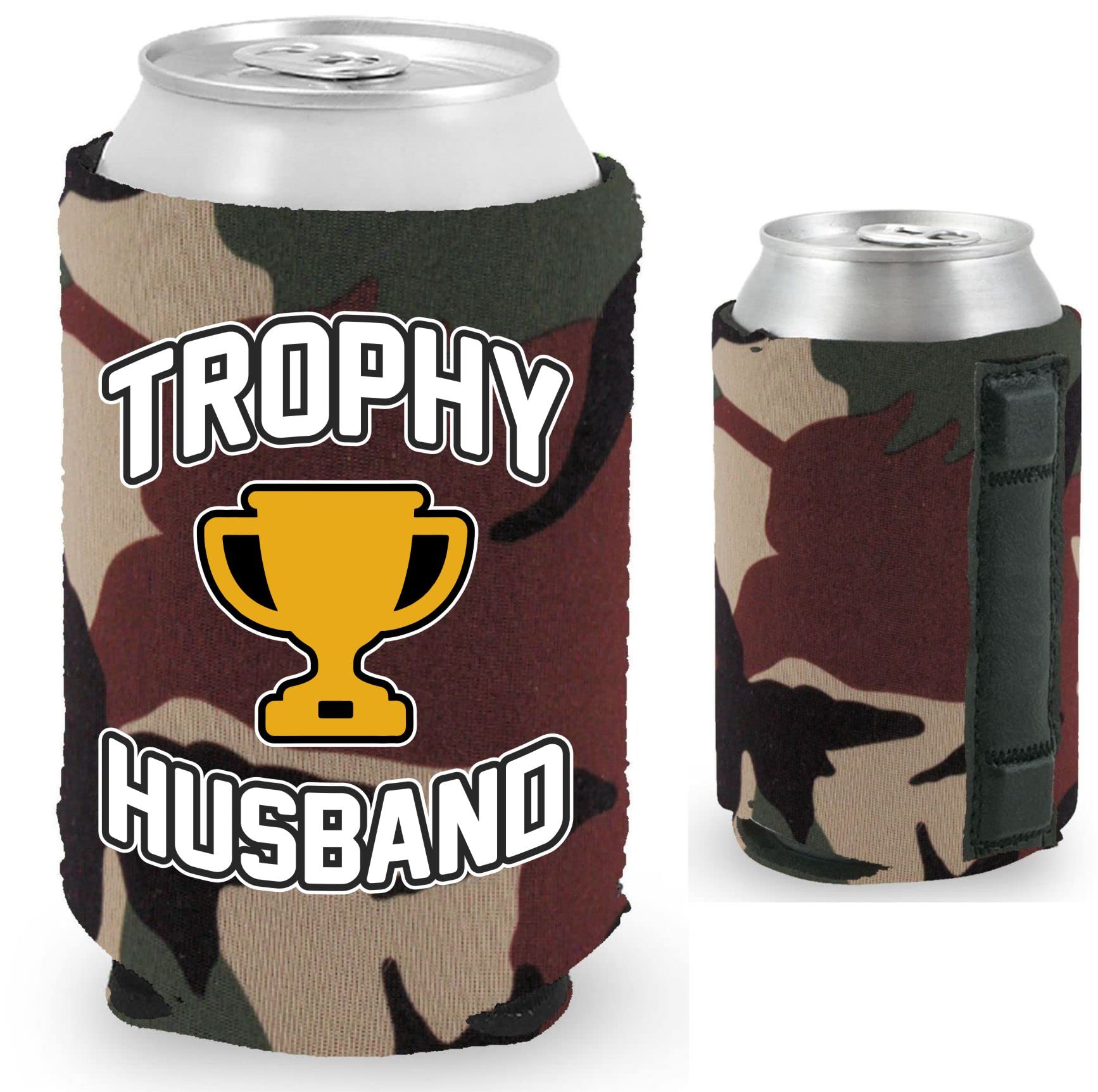 Trophy Husband Magnetic Can Coolie (2 Pack, Camo) - Insulated Beer Koozie for Outdoor, Camping, BBQ & Tailgating - Funny Gifts for Men
