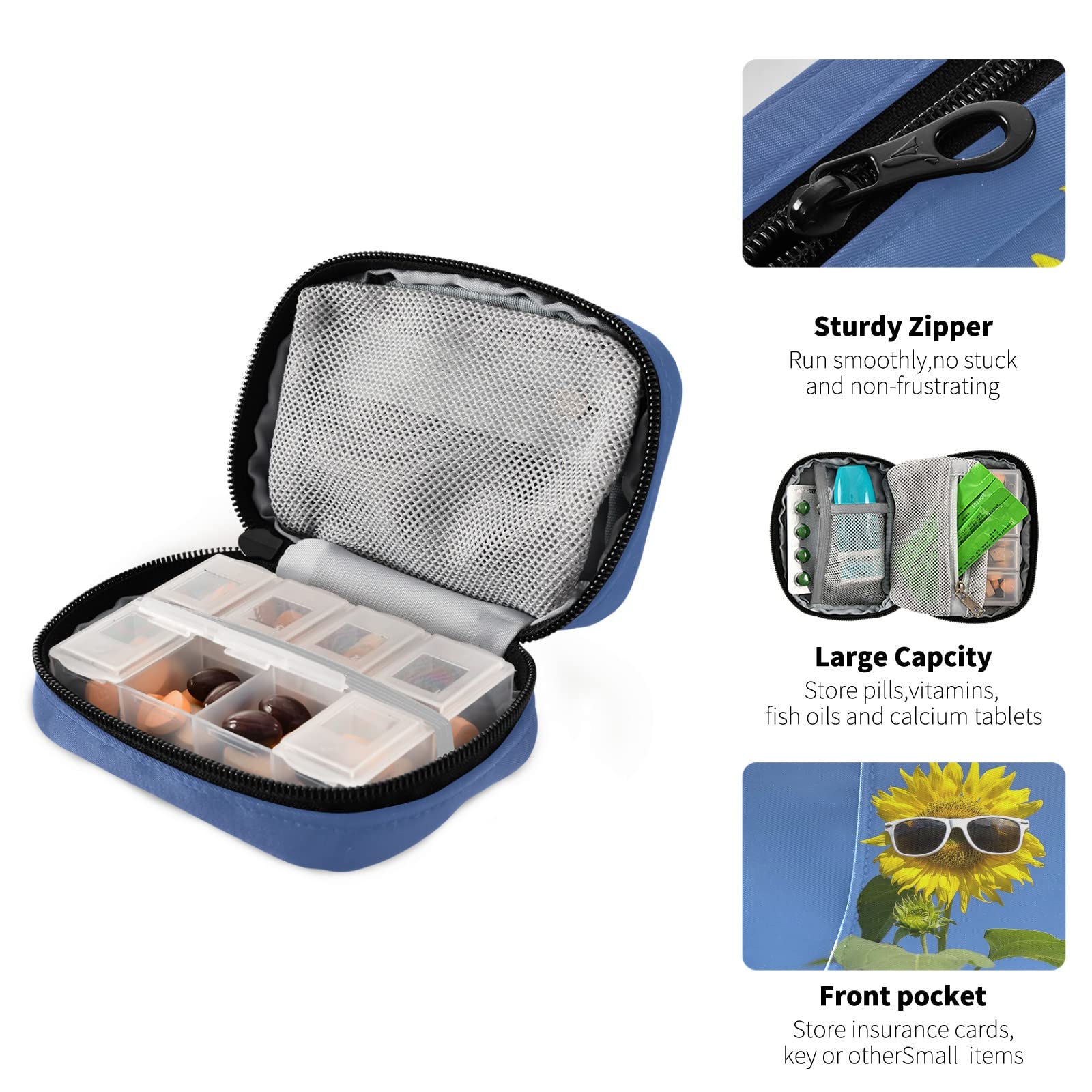 Funny Sunflower 7-Day Pill Organizer - Portable Travel Pill Case with Zipper for Vitamins & Medication | Compact Weekly Pill Box for Home, Office & Travel Use