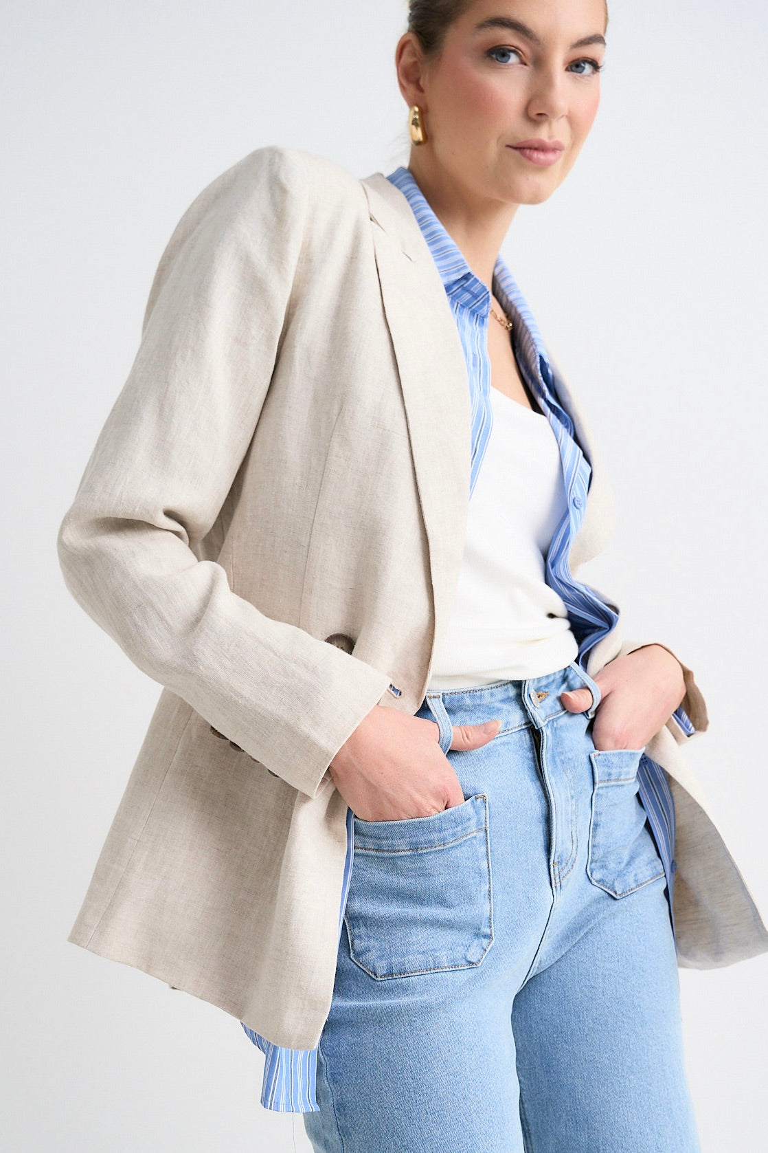 Atlas Natural Linen Double Breasted Blazer for Women | Slim Fit Business Casual Jacket | Perfect for Office, Weddings & Summer Outfits