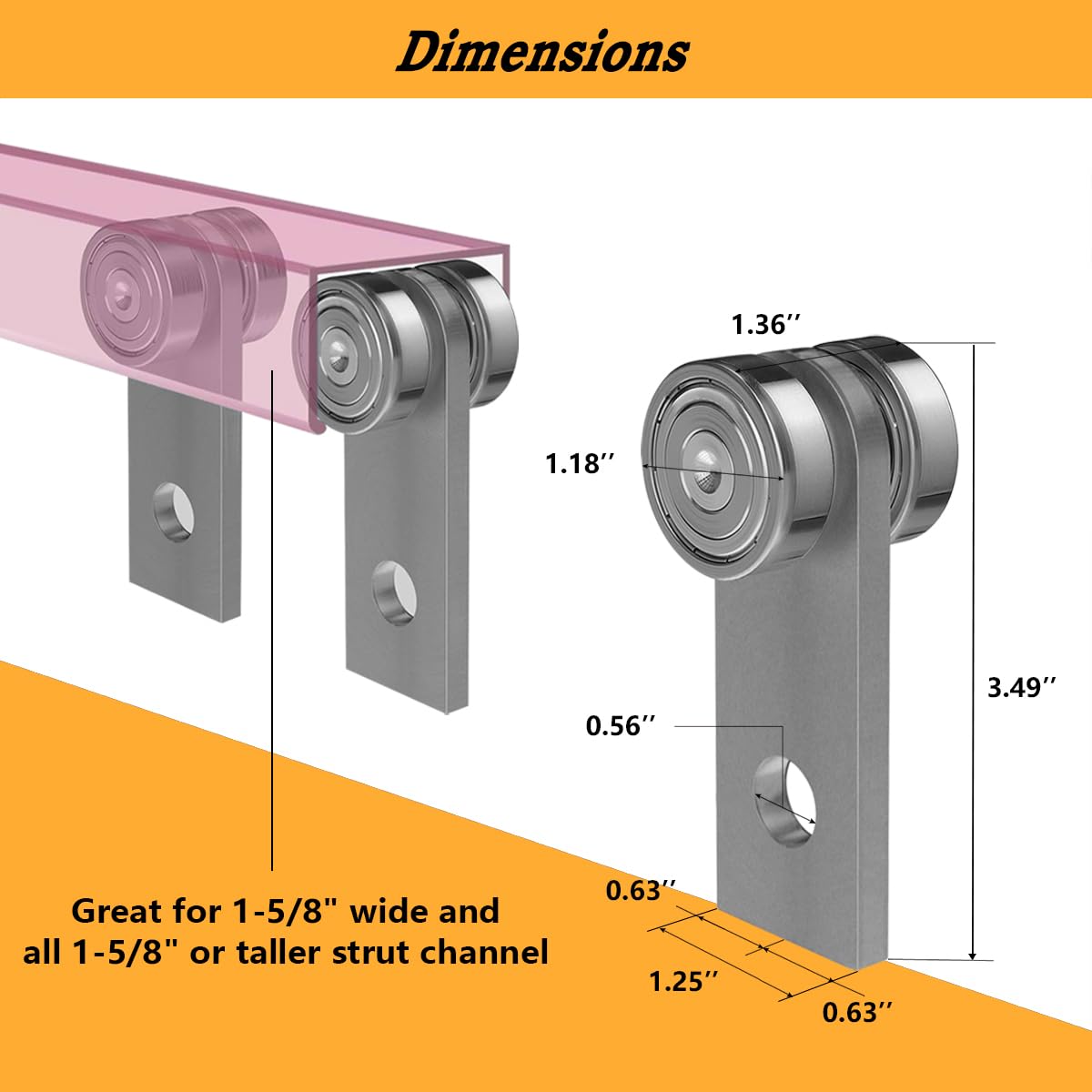 2 Wheel Unistrut Trolley Roller Assembly - Heavy Duty Metal Rollers with Two Bearings for 1-5/8