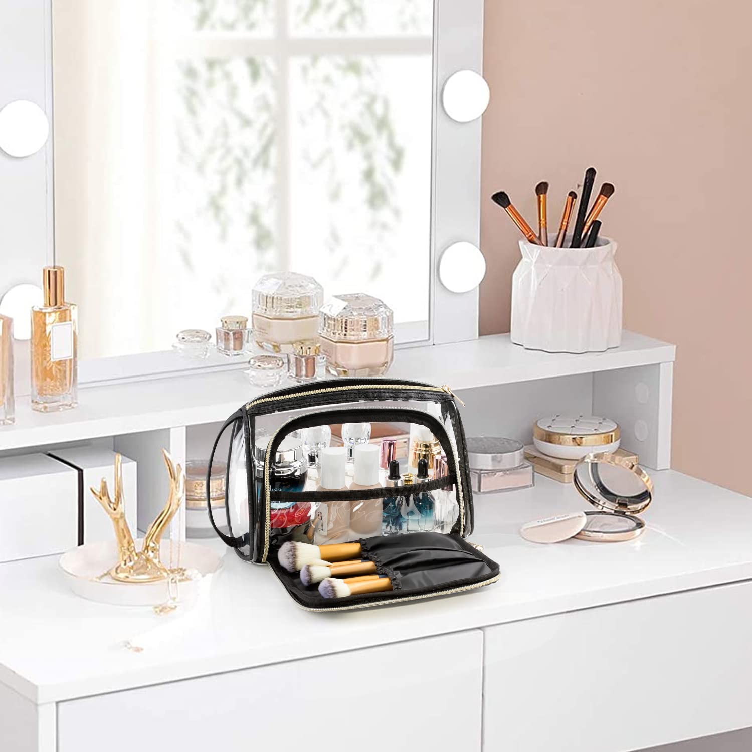 CUBETASTIC Clear Makeup Bag - TSA Approved Transparent Toiletry Travel Organizer with Compartments | Perfect for Cosmetics, Skincare & Travel Essentials | Ideal for Airports, Gyms & Daily Use