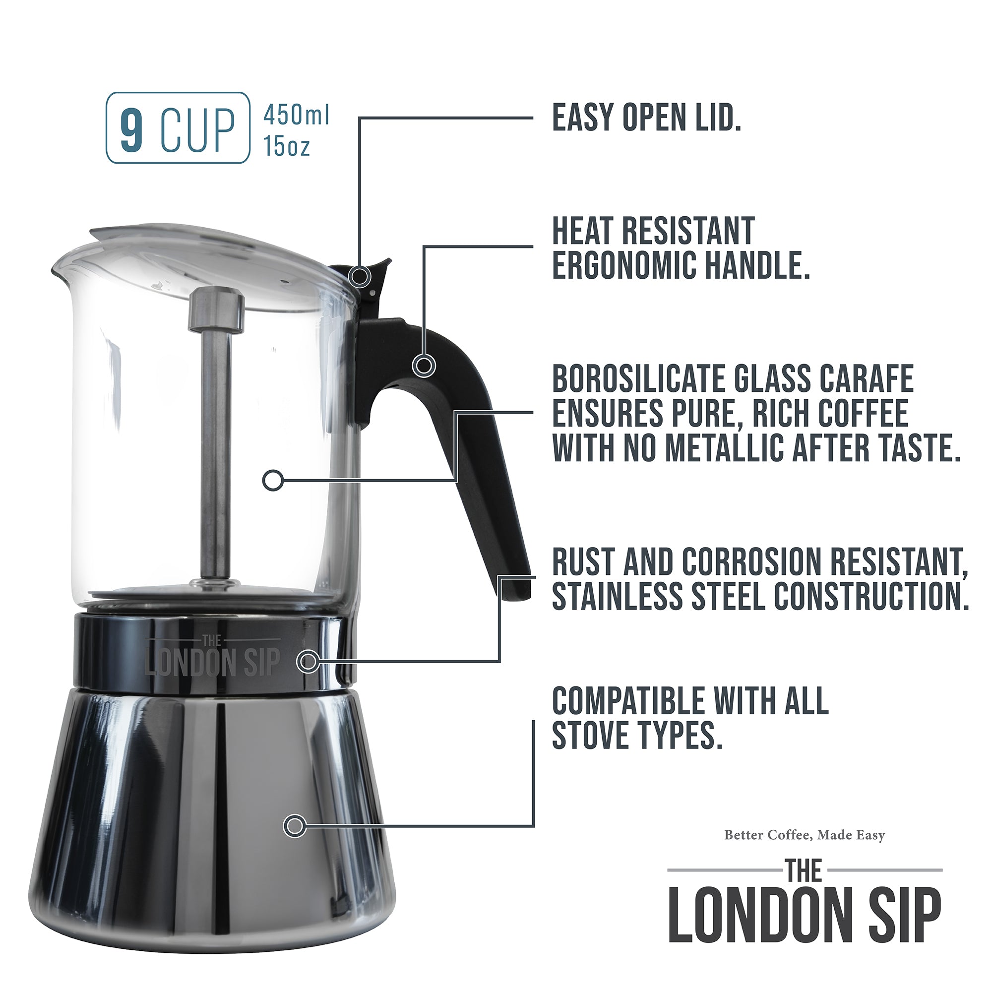 Premium Glass Stovetop Espresso Coffee Maker - Italian Style Moka Pot for Rich Espresso & Coffee - Perfect for Home, Camping & Gifts
