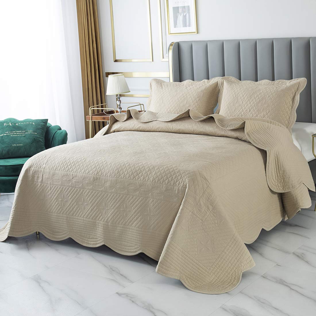 VCTOPS 3-Piece 100% Cotton Solid Quilt Set - Oversize Queen Size Embroidered Reversible Lightweight Quilted Coverlet Bedspread for All Seasons (Khaki) | Soft & Breathable Bedding for Master Bedroom, Guest Room & Dorm Decor