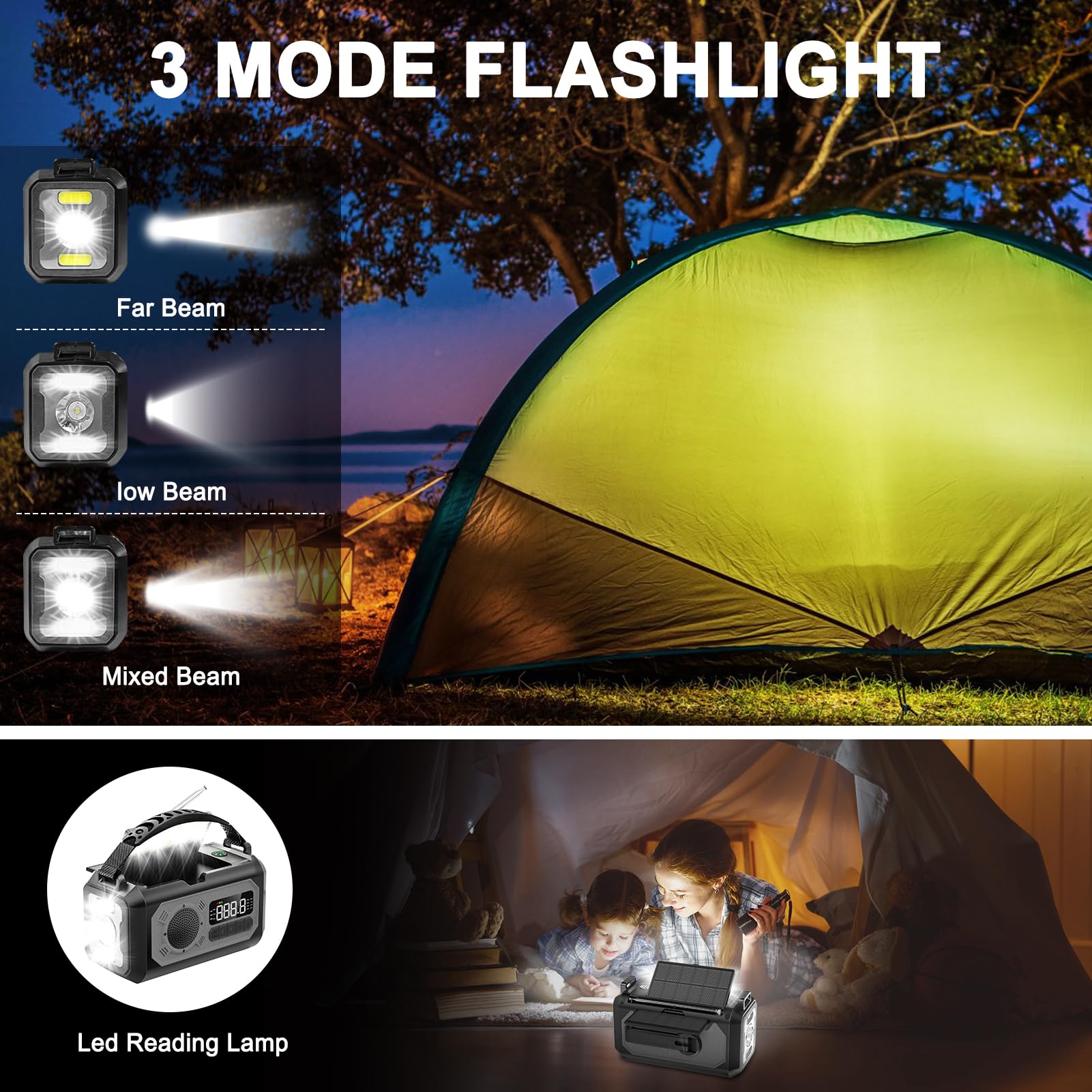 12000mAh Emergency Hand Crank Solar Radio - Portable AM/FM/NOAA Weather Alert Radio with Flashlight, Reading Lamp, SOS Alarm & Power Bank - Perfect for Home, Camping, Hiking & Outdoor Survival (Gray)