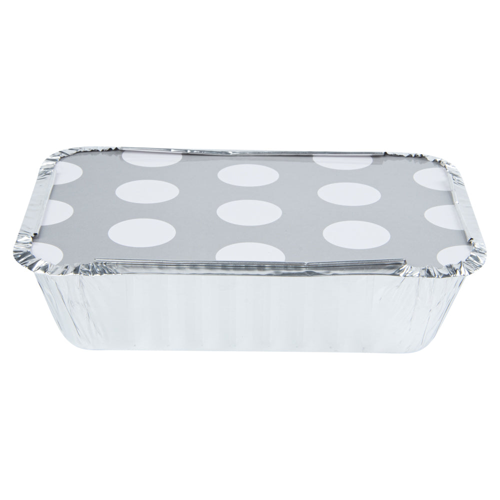 16 oz Rectangle Silver Aluminum Take Out Containers with Polka Dot Paper Lids - 7.25