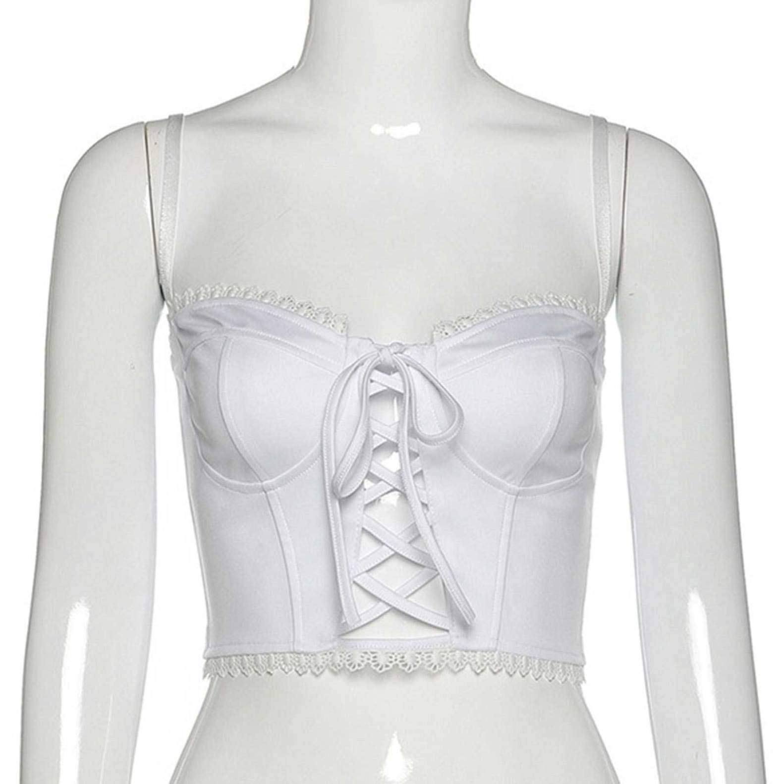 Y2K Women's Sleeveless Crop Top - Lace Trim Ruched Hollow Out Tank Top (White, Medium) | Trendy Summer Fashion for Parties & Streetwear