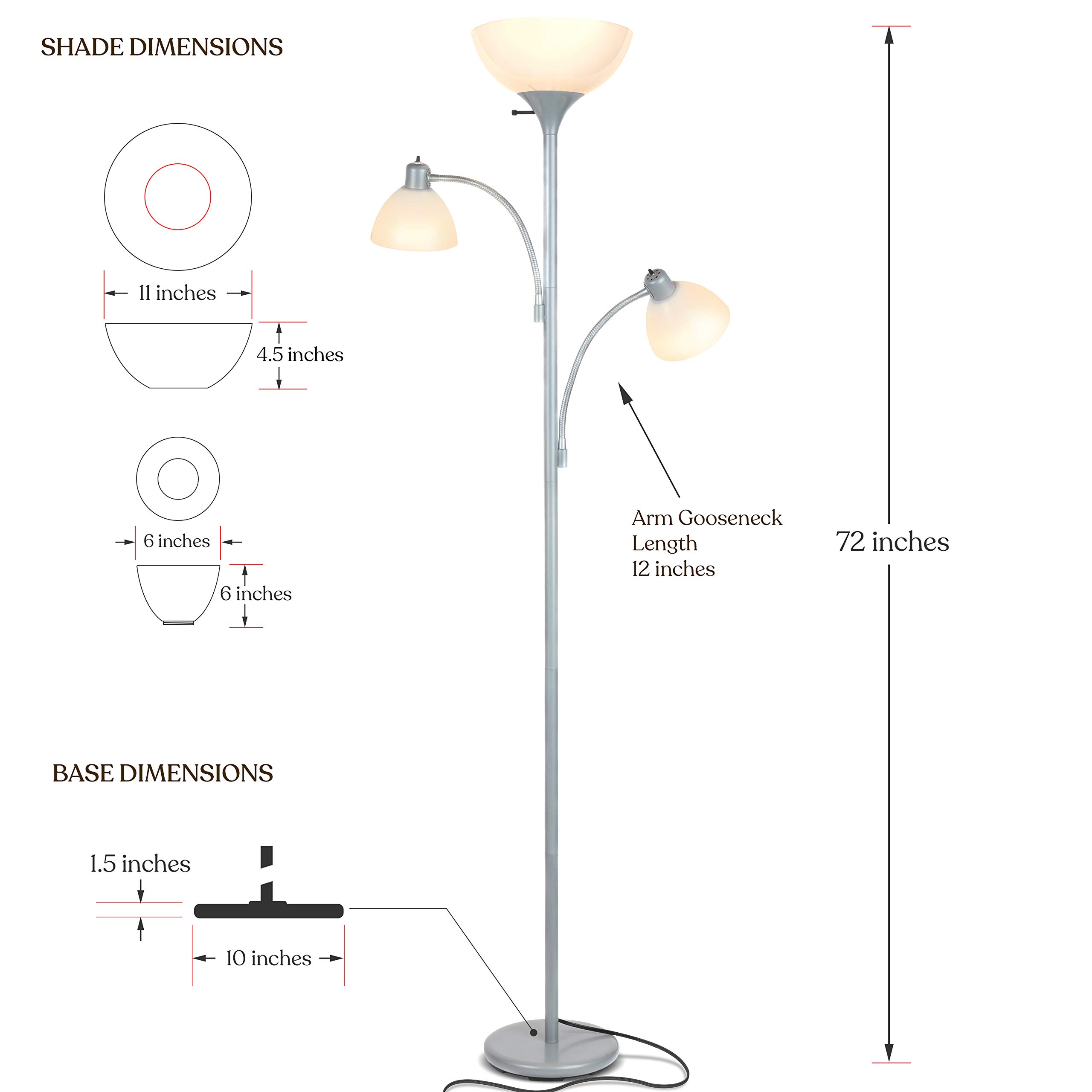 Brightech Sky Dome Double LED Floor Lamp - Super Bright Torchiere with 2 Adjustable Reading Lights, Dimmable Standing Lamp for Living Room, Bedroom & Office - Tall Silver Pole Floor Light for Reading, Working & Relaxing
