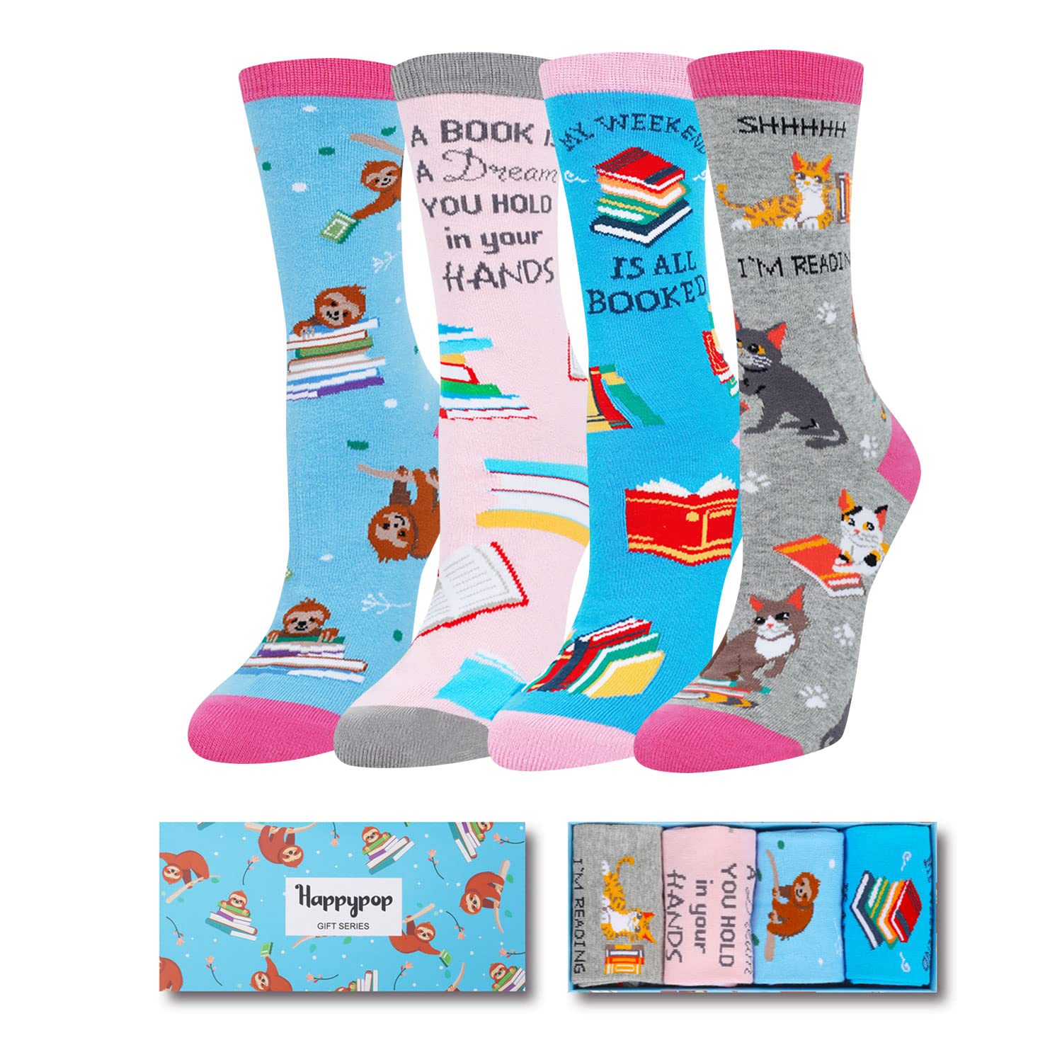 HappyPop Funny Food Socks - 4 Pack Avocado Taco Dental Teeth Book Reading Socks for Nurses, Dental Assistants & Book Lovers - Perfect Medical Gifts & Novelty Socks for Work, Parties & Cosplay