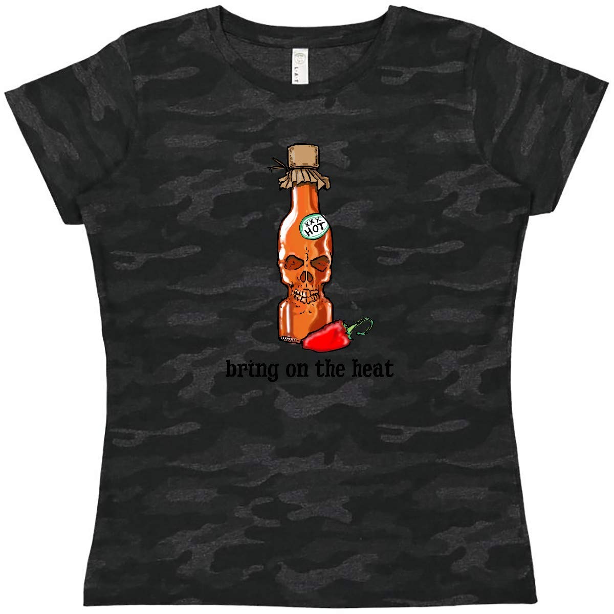 Inktastic Bring on The Heat Skull Bottle and Pepper Women's T-Shirt | Graphic Tee for Casual Wear, Halloween & Skull Lovers