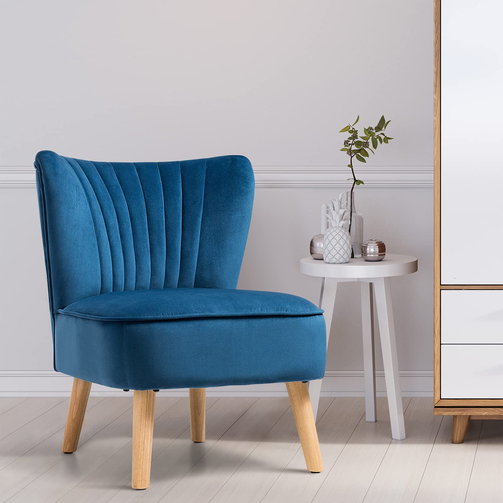 Velvet Modern Armless Accent Chair with Rubber Wood Legs & Thick Sponge Seat - Upholstered Wingback Leisure Sofa for Living Room, Bedroom & Office - Blue Comfort Chair for Relaxing, Reading & Small Space Decor