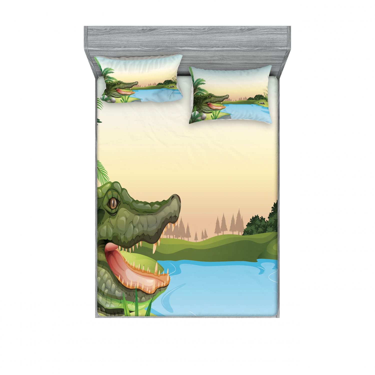 Ambesonne 2-Piece Reptile Themed Bedding Set - Queen Size Fitted Sheet & 4 Pillow Shams with Palm & Crocodile Print in Green & Blue | Humorous Animal Pattern Bedroom Decor for Kids & Adults | Perfect for Jungle Themed Rooms, Dorm Decor or Unique Gift Idea