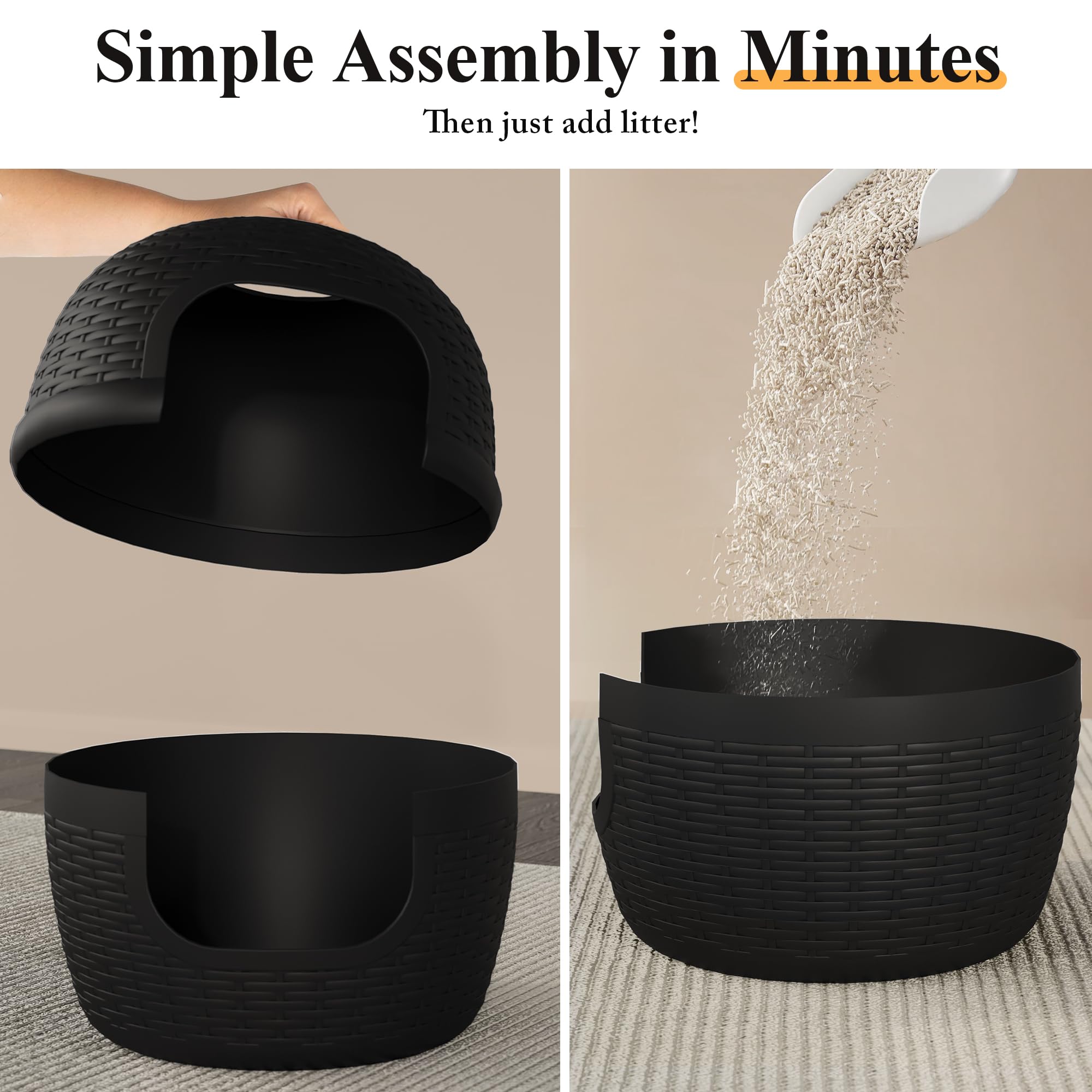 Hidden Cat Litter Box with Faux Plant - Large Rattan Pattern Litter Box Enclosure - Durable PP Material Pet Furniture for Home Decor (Black) - Perfect for Small Spaces & Discreet Cat Litter Solutions