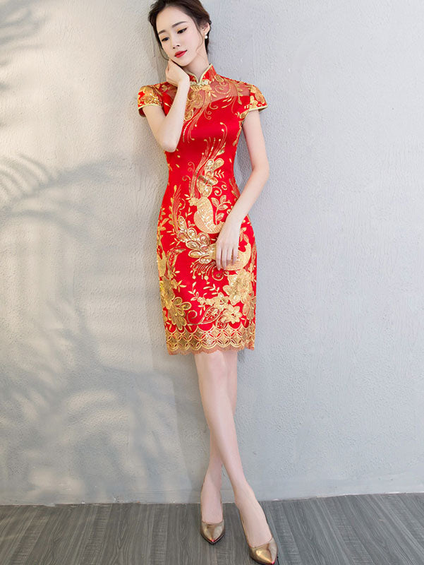 Elegant Red Sequined Phoenix Qipao Cheongsam Wedding Dress - Traditional Chinese Bridal Gown for Ceremonies, Photoshoots & Special Occasions