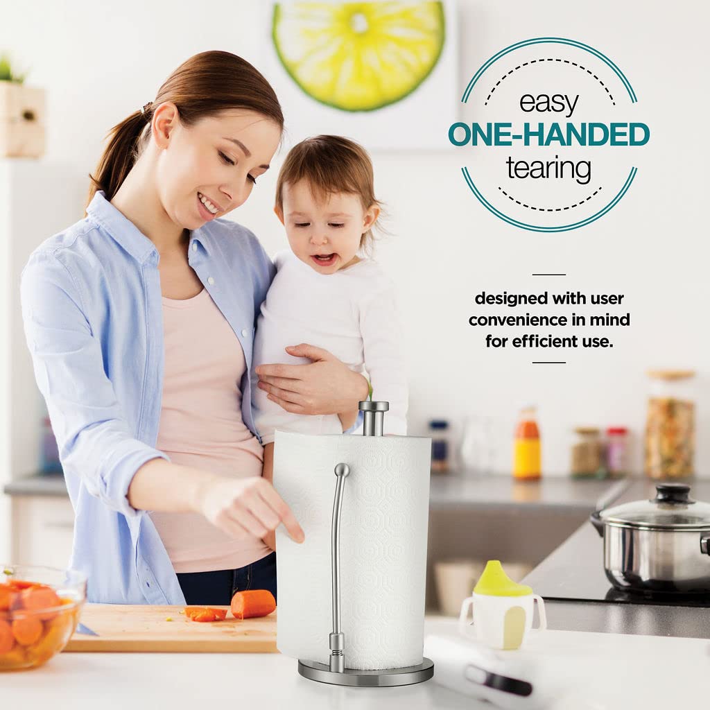 Sagler Stainless Steel Paper Towel Holder - Adjustable Spring Arm & Weighted Base Standing Dispenser for Kitchen, Bathroom, Office | Durable & Space-Saving Design for Countertops & Cabinets