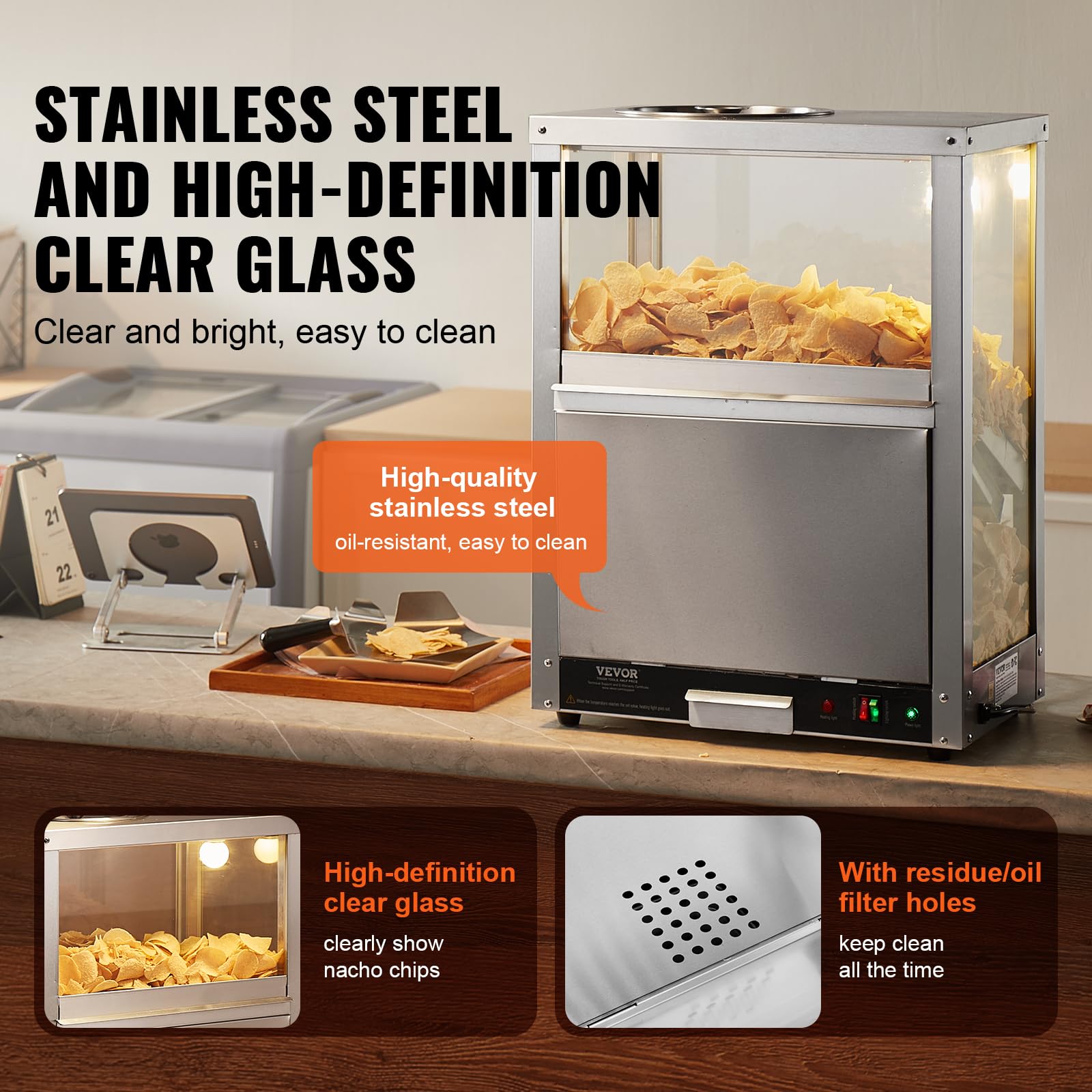 VEVOR 84.5QT Commercial Nacho Cheese Warmer with Warming Light & Deflection Board - Stainless Steel Food Warmer for Nachos, Popcorn, Potato Chips, Peanuts - Perfect for Movie Theaters, Restaurants, and Snack Bars