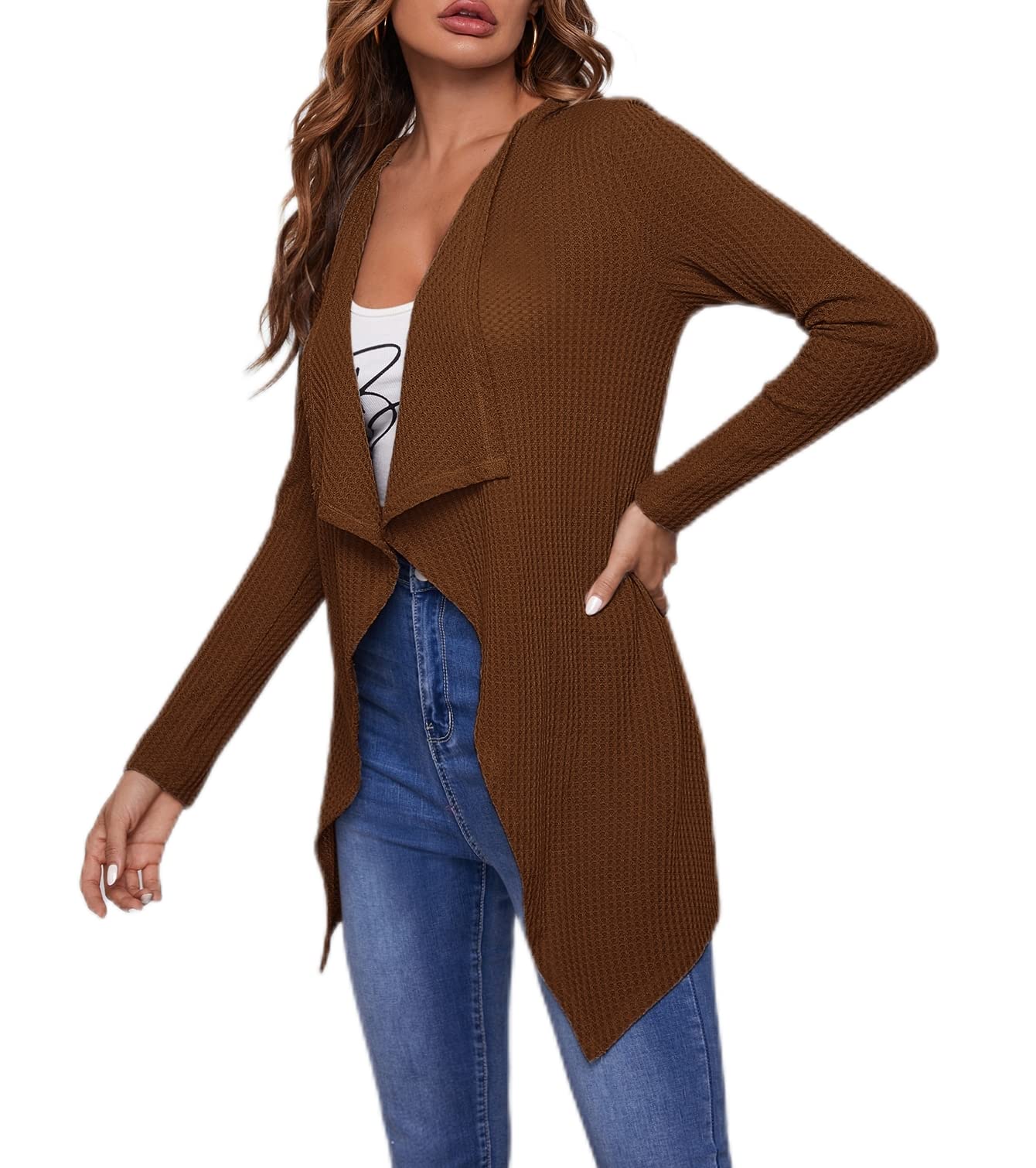 Women's Waffle Knit Long Sleeve Cardigan - Soft Open Front Sweater Coat with Waterfall Design for Fall & Winter Layering