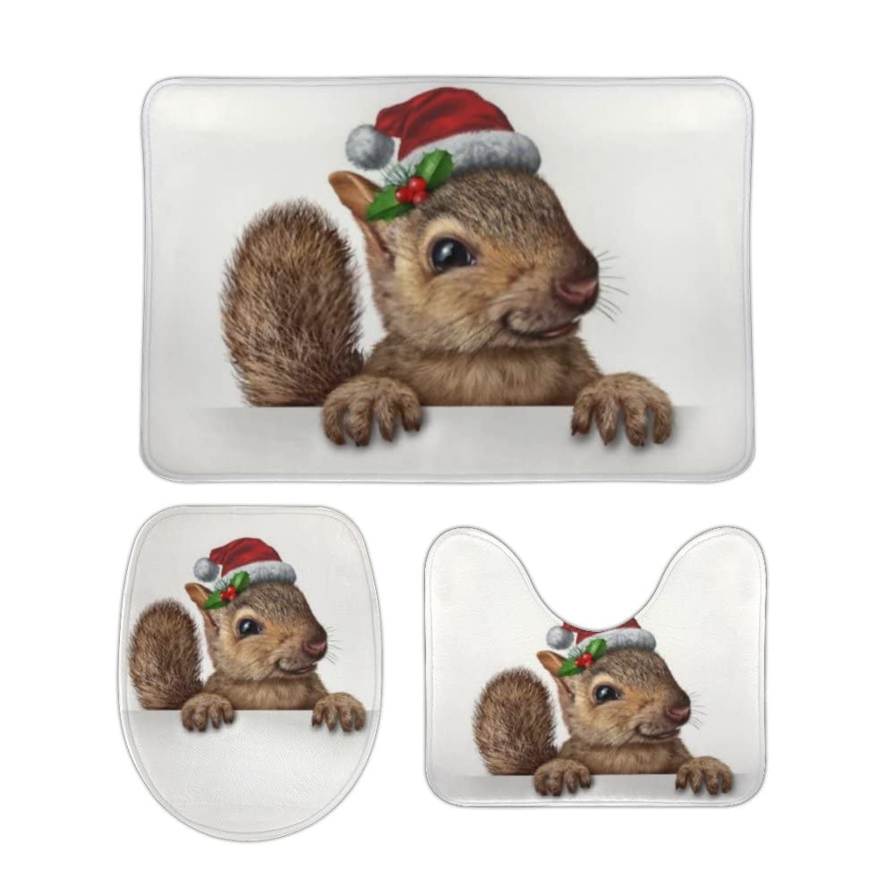 3-Piece Christmas Squirrel Bath Rug Set - Anti-Slip Absorbent Bath Mats with Red Hat Design, Toilet Lid Cover & U-Shaped Contour Rug - Machine Washable for Holiday Bathroom Decor