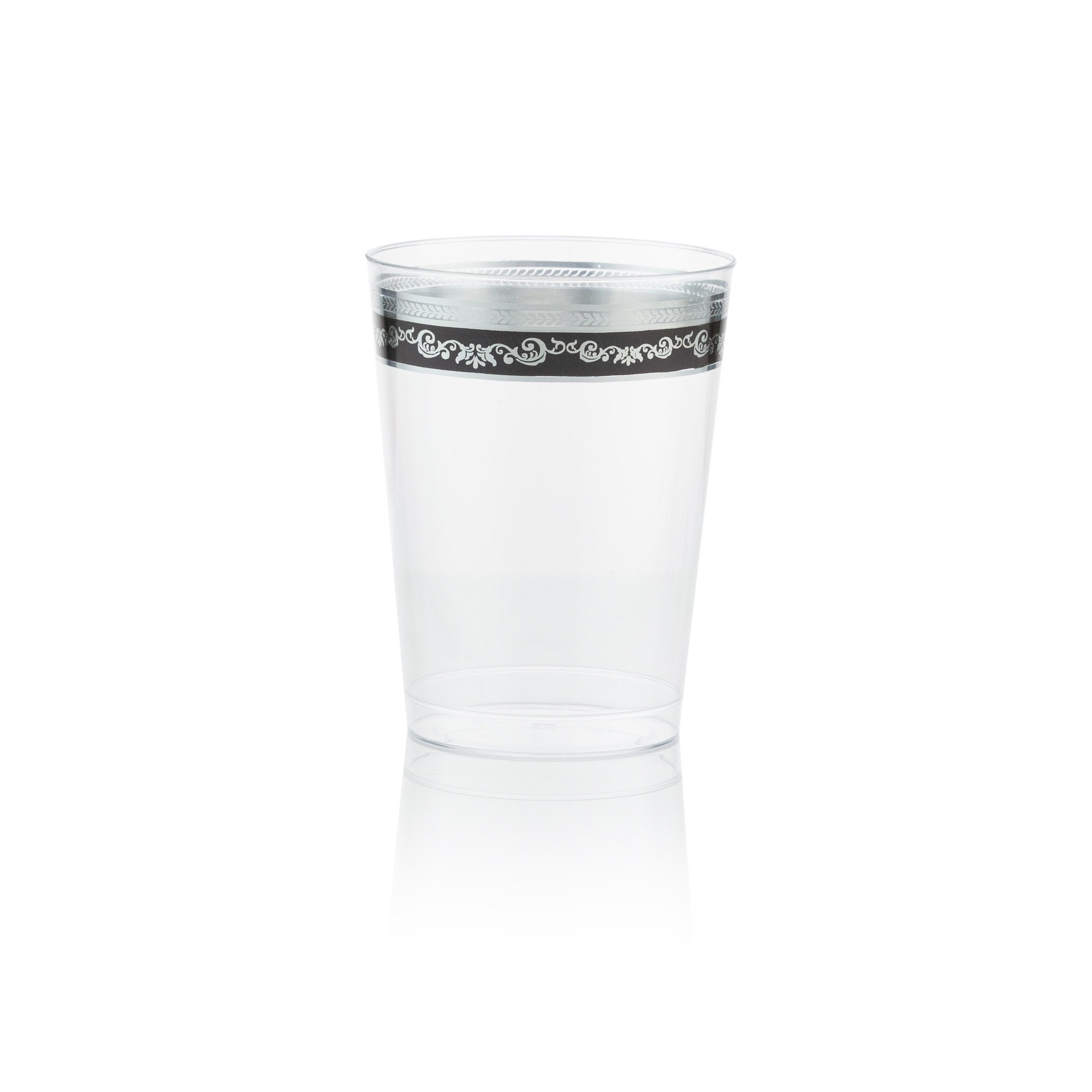 10 oz. Clear Plastic Cups with Black & Silver Rim - 10 Pack - Royal - Perfect for Parties, Weddings, and Home Entertaining