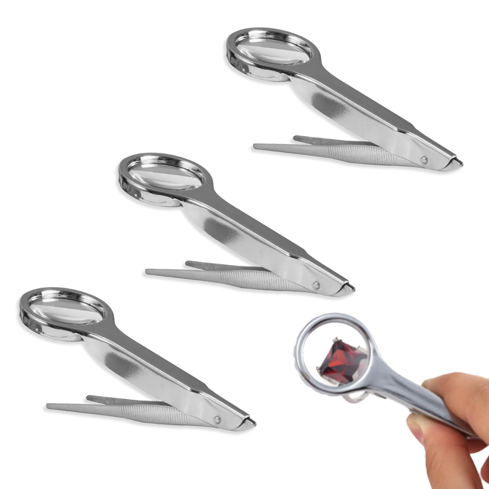 3Pcs Magnifying Glass Tweezers Set - Splinter Removal, Pet Hair Cleaning & Laboratory Use - Portable Multifunctional Tweezers for Travel, First Aid & Outdoor Activities