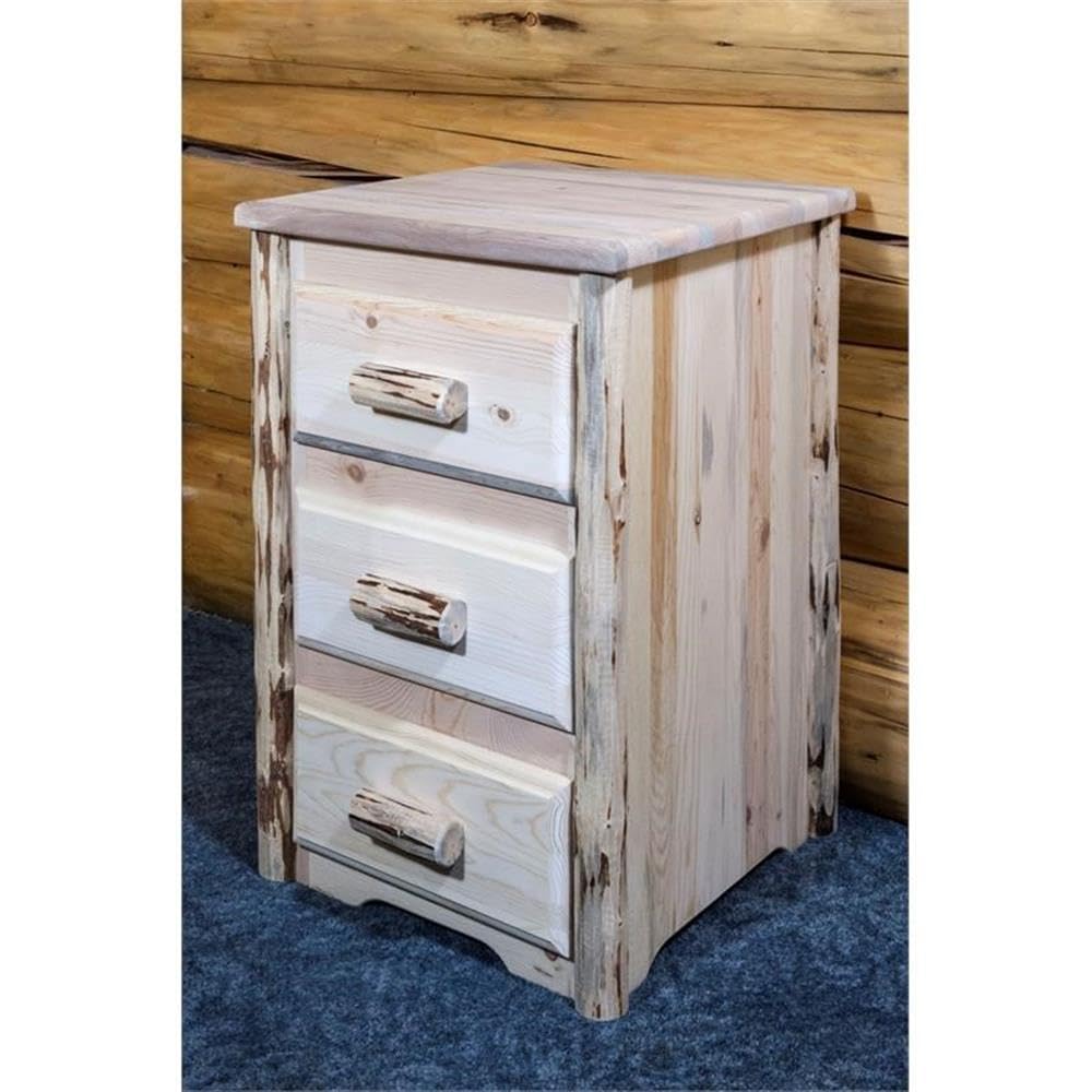 Montana Woodworks Collection Nightstand with 3 Drawers - Solid Wood Bedside Table with Clear Lacquer Finish for Bedroom, Guest Room, or Dormitory - Stylish and Functional Storage Solution