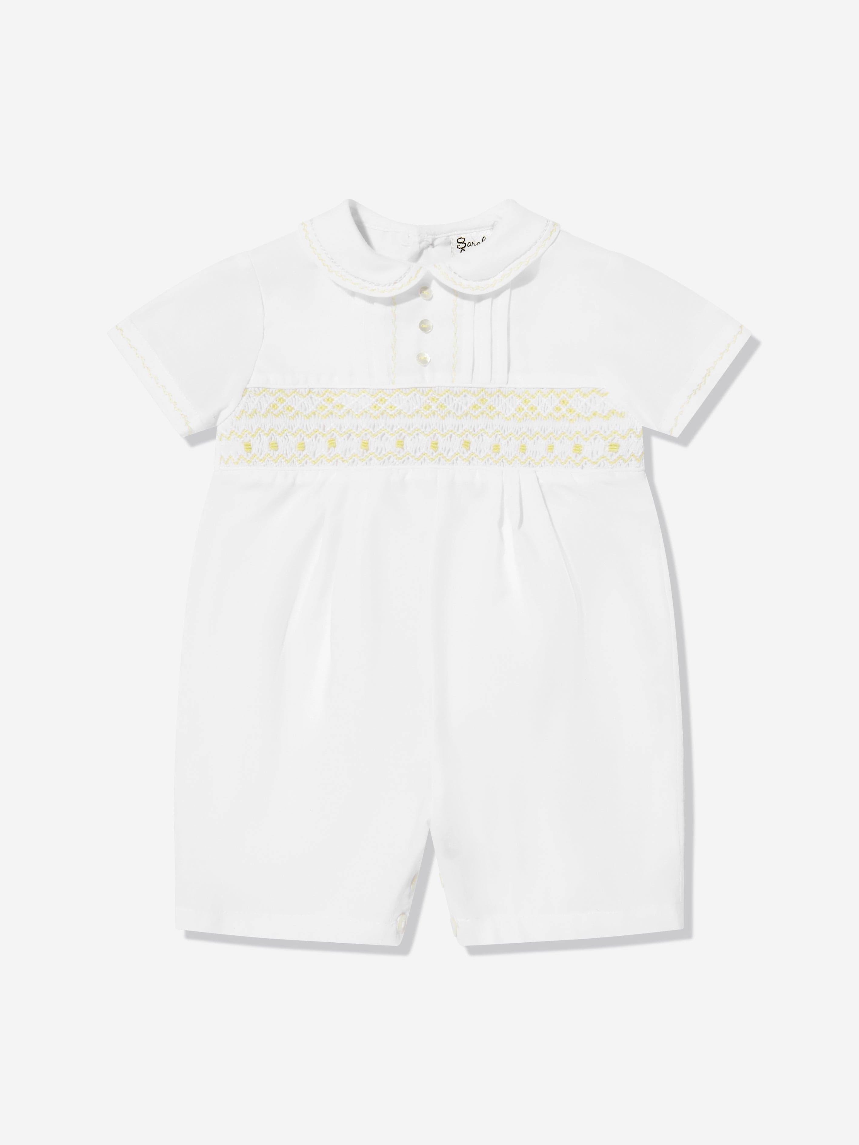 Baby Boys Smocked Romper in White - Soft Cotton Summer Outfit for Newborns & Infants - Perfect for Photos, Parties & Playtime