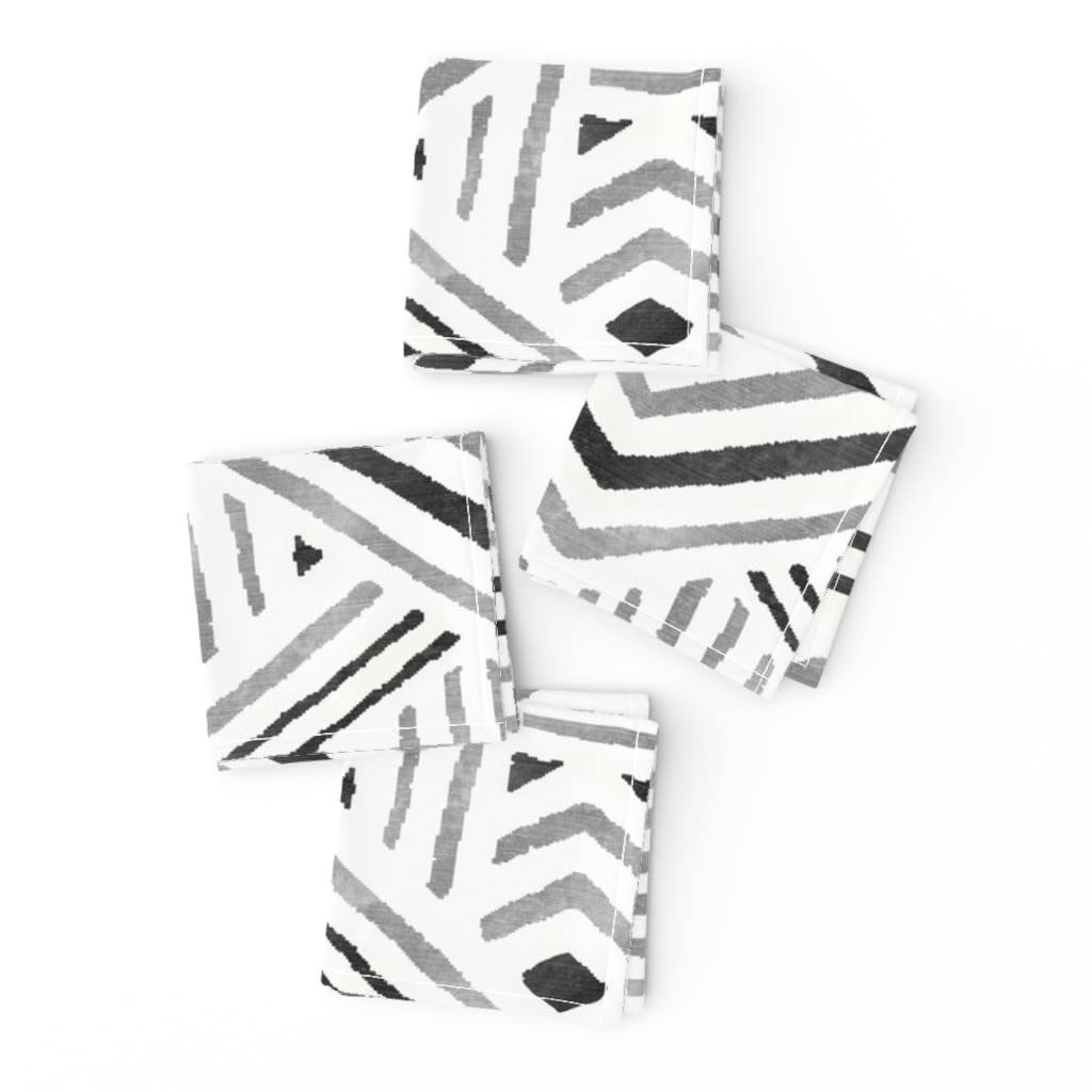 Boho Geometric Black Silver Diamond Stripe Cocktail Napkins Set of 4 - Premium Linen Cotton Canvas Drink Napkins for Parties, Weddings & Home Decor - Washable & Reusable Bar Accessories