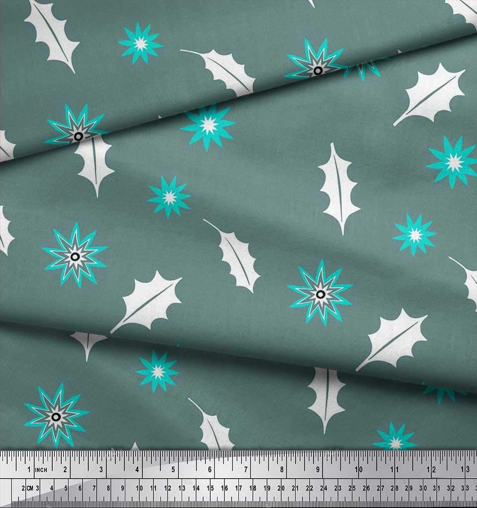 Soimoi Moss Georgette Brown Fabric by The Yard - 42 Inch Wide Printed Cotton Fabric with Star & Holly Leaves Pattern for Christmas Decor, Holiday Crafts, DIY Garments and Home Decoration