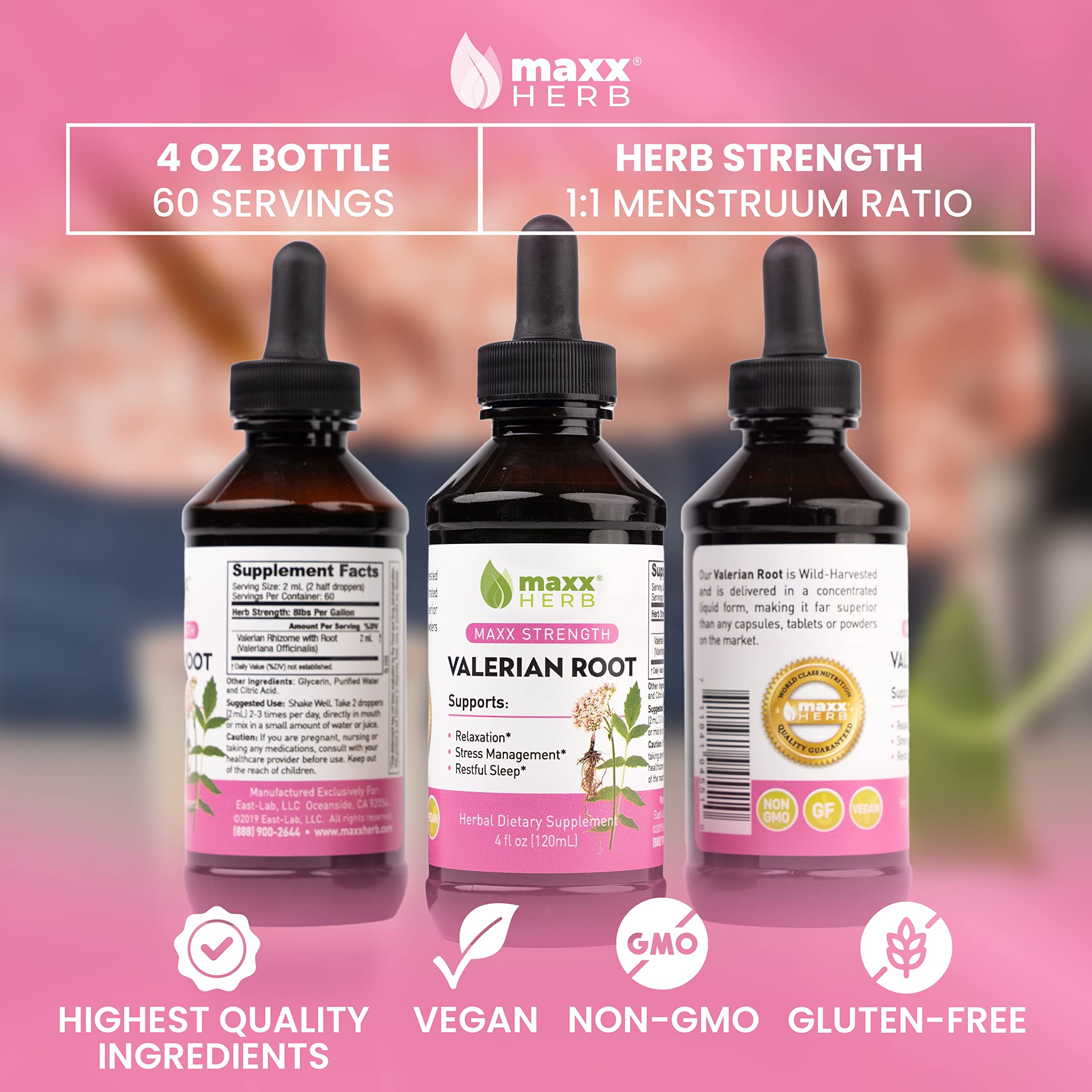 Maxx Herb Valerian Root Extract - Max Strength Liquid Supplement for Relaxation & Sleep Support, Alcohol-Free, Fast Absorption, 4 Bottles (4 Oz Each, 240 Servings) - Perfect for Nighttime Stress Relief & Natural Sleep Aid