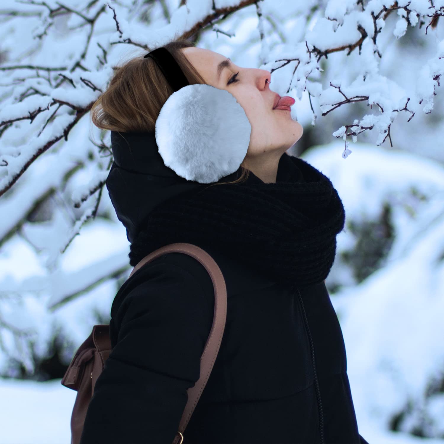 AIEX Winter Ear Muffs for Women & Girls - Foldable Plush Earmuffs in Black & White | Warm Fleece-Lined Headband for Cold Weather, Outdoor Activities, Snow Sports & Commuting