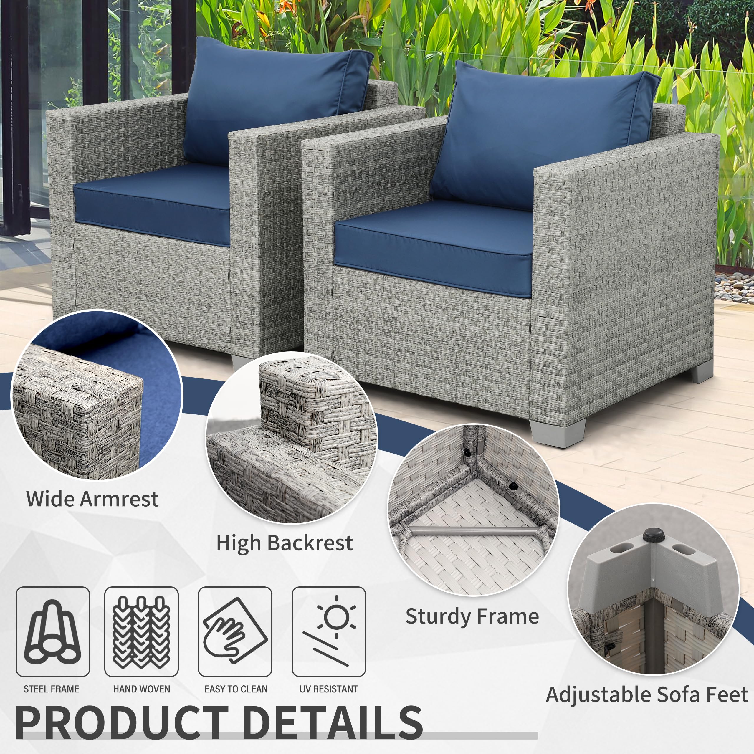 WAROOM 2-Piece Outdoor Wicker Patio Sofa Set - Grey Rattan Deep Seating Armchairs with Blue Cushions, Perfect for Porch, Balcony, Garden & Poolside Relaxation