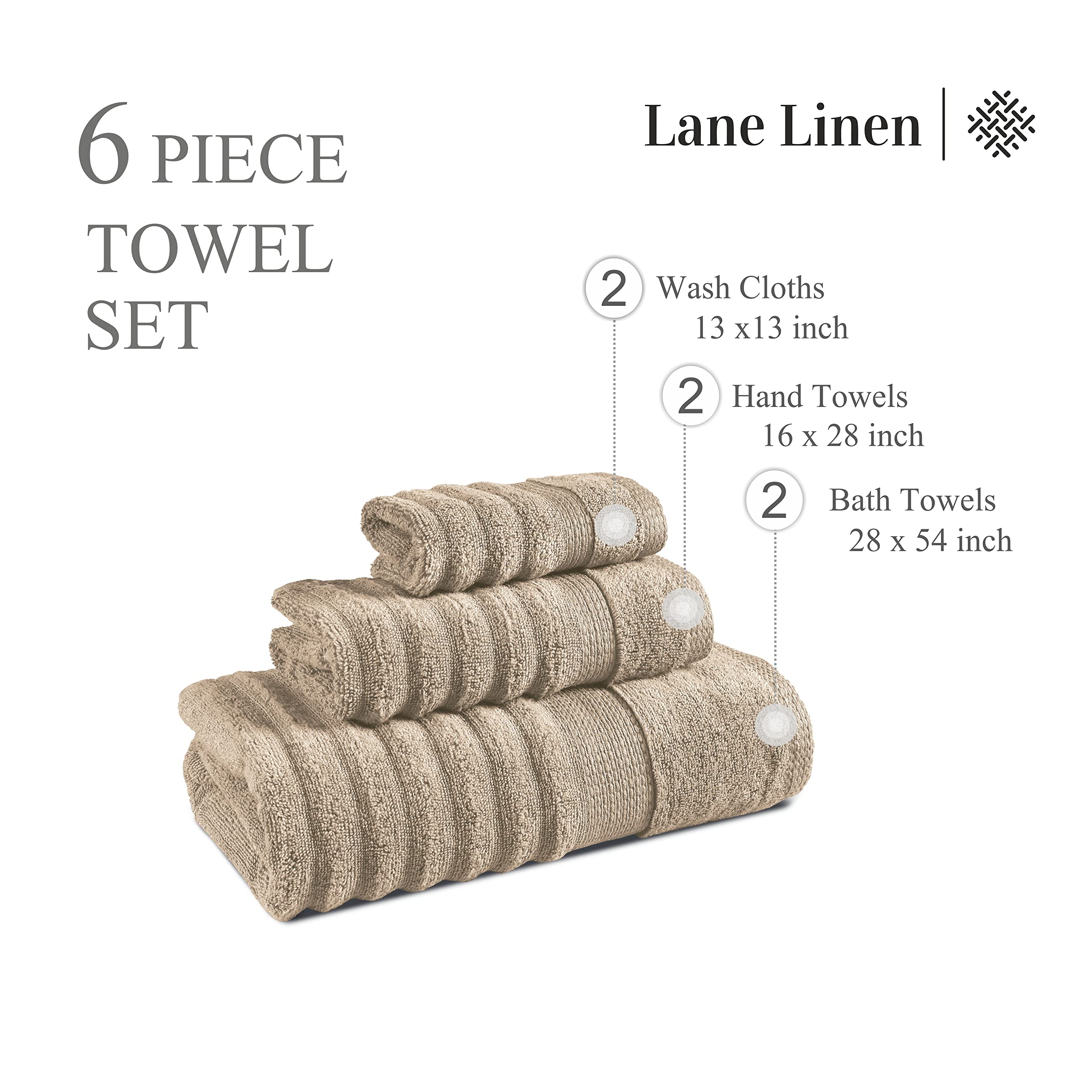 Premium 100% Cotton Bath Towel Set - Ultra Soft & Highly Absorbent 6-Piece Luxury Towels (2 Bath, 2 Hand, 2 Washcloths) for Spa, Hotel & Home Bathroom - Ribbed Textured Taupe Collection - Perfect for Relaxation & Self-Care Moments