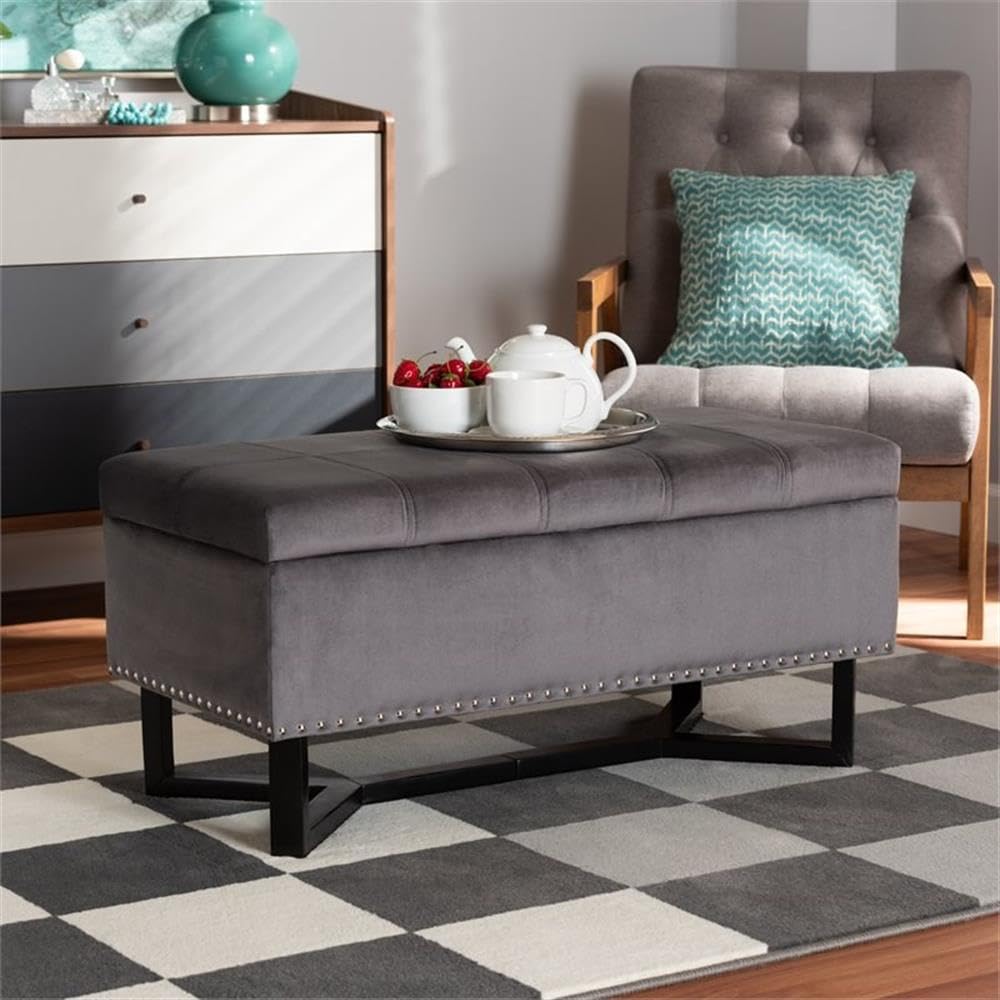 BOWERY HILL Grey Velvet Upholstered Storage Ottoman with Brown Wooden Legs - Perfect for Living Room, Bedroom, or Entryway Organization